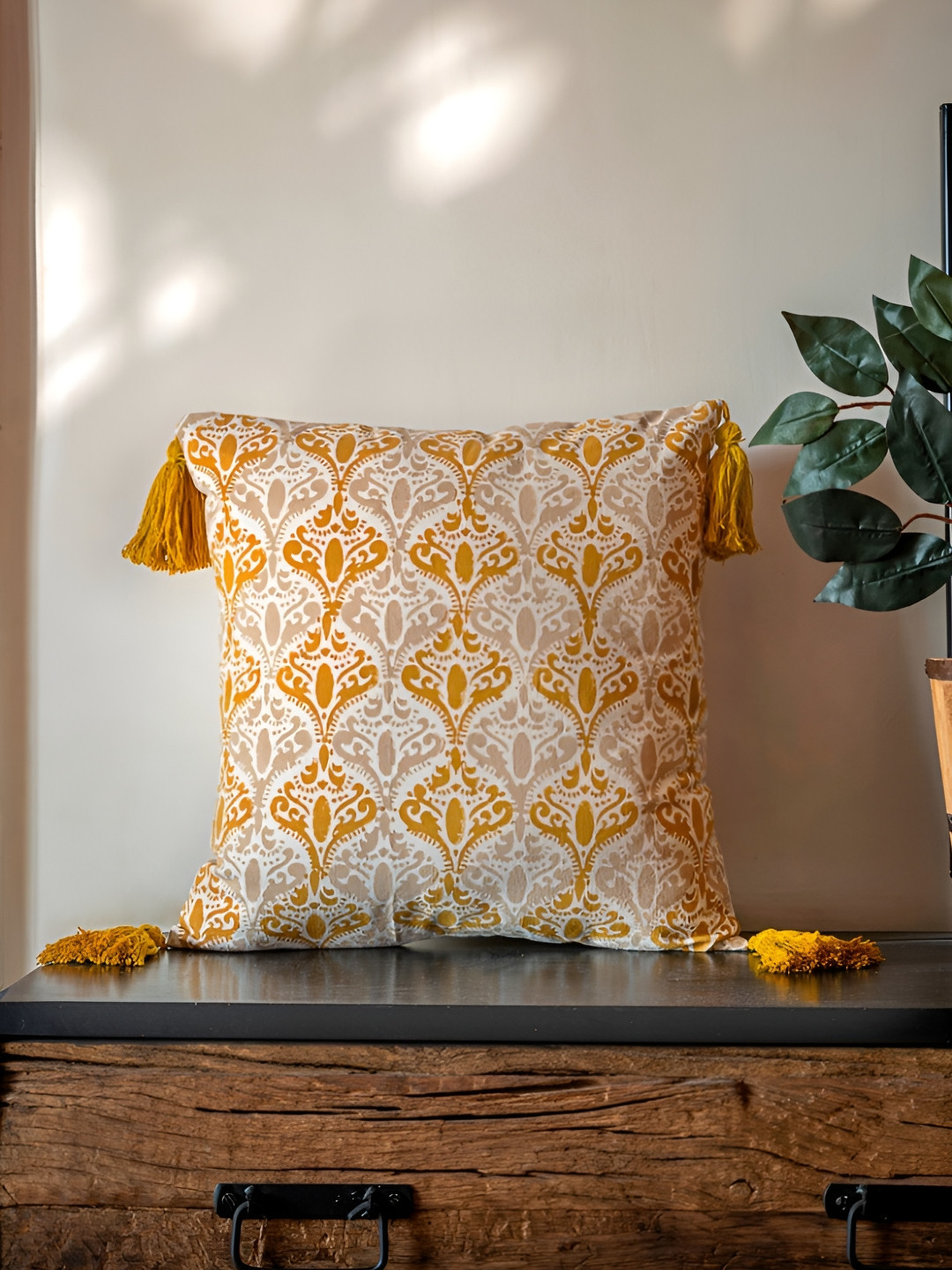 ABSTRACT INDIA Yellow Ethnic Motifs Cotton Textured Square Cushion Cover -18x18In