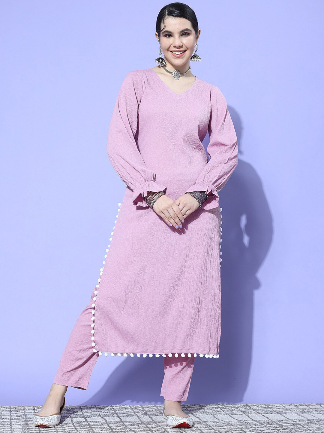 KALINI Self Design V-Neck Kurta with Trousers