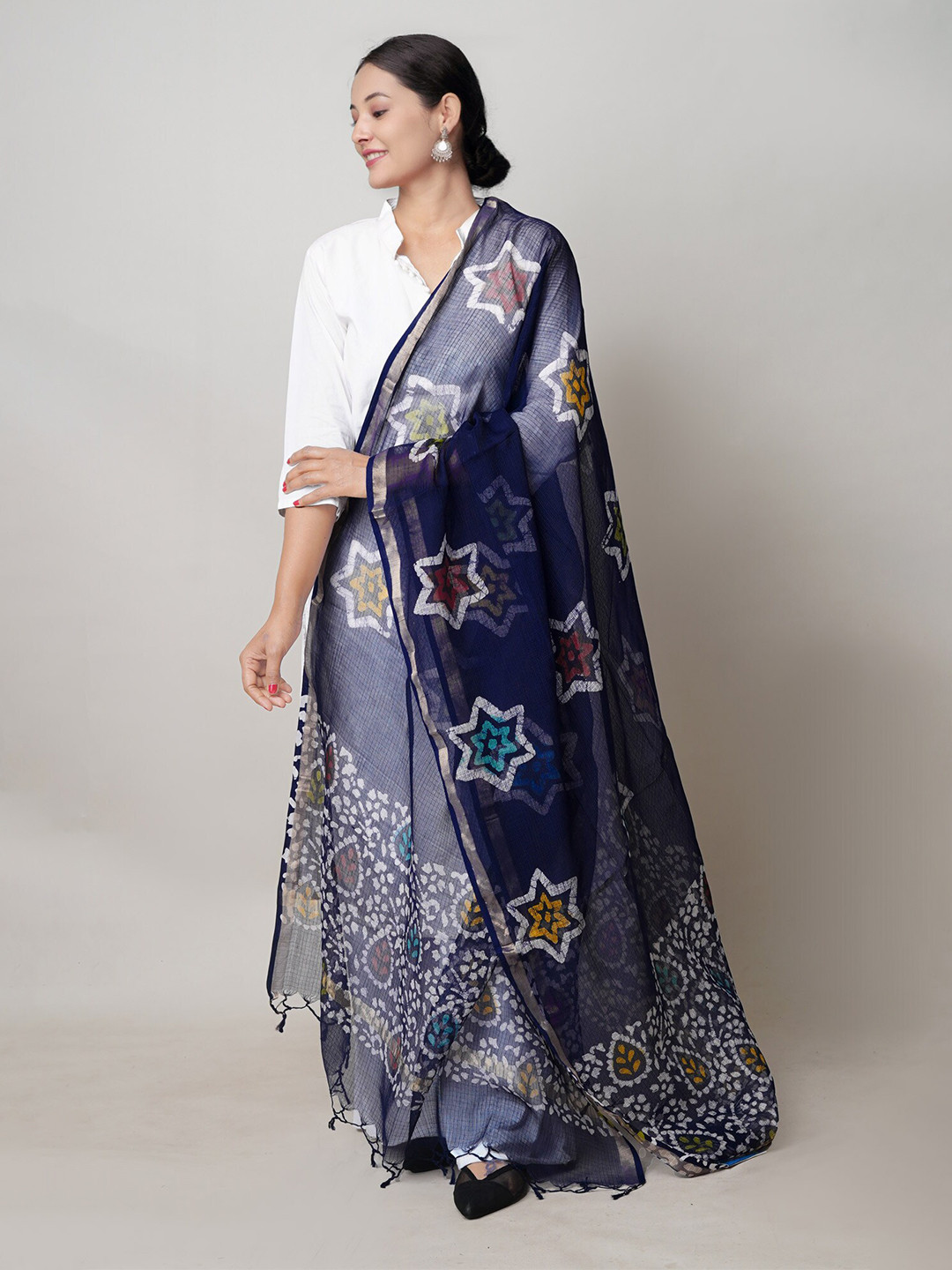 Unnati Silks Ethnic Motifs Batik Printed Zari Detail Pure Cotton Dupatta
