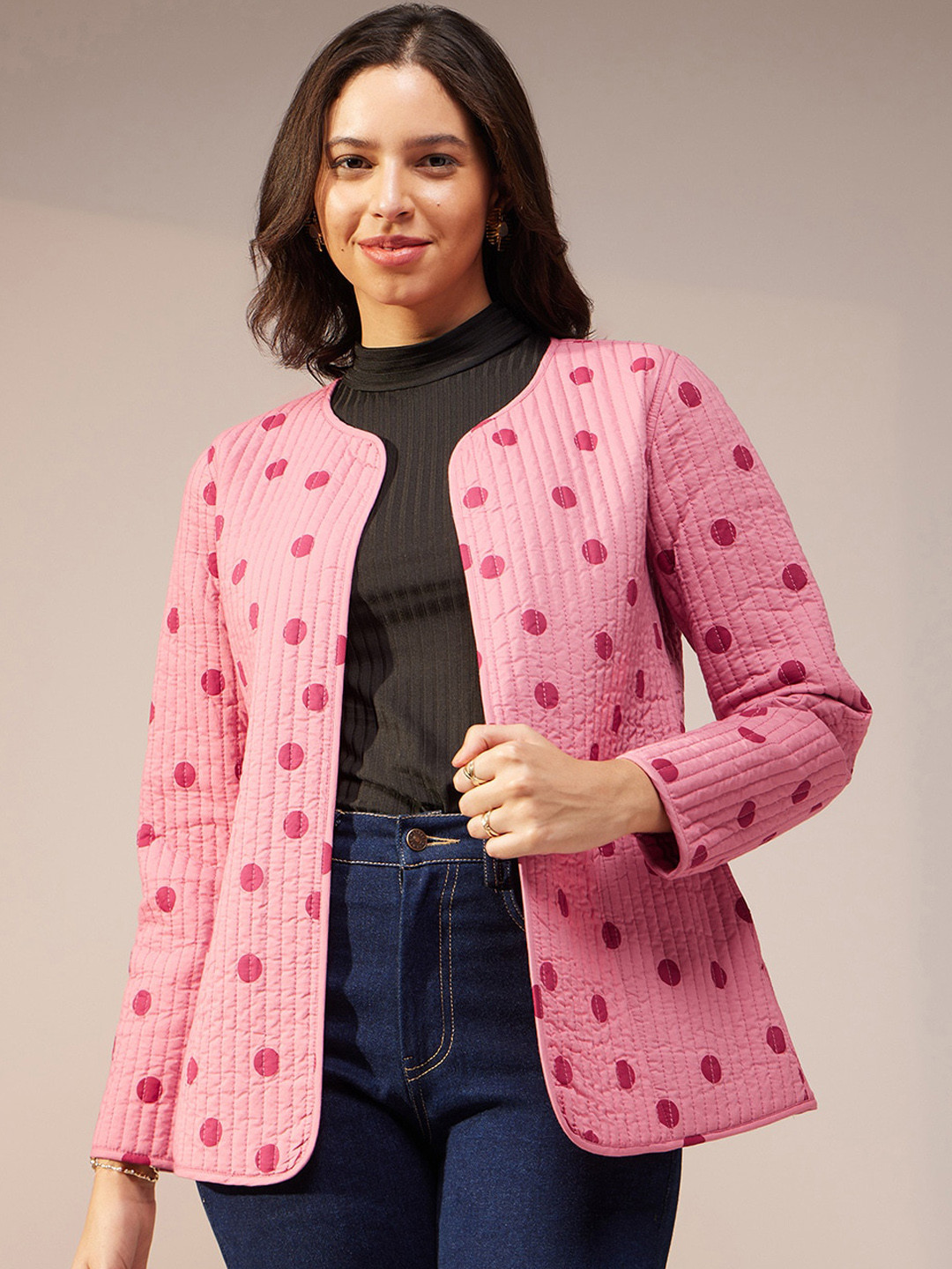 Pink Fort Polka Dots Printed Reversible Cotton Quilted Jacket