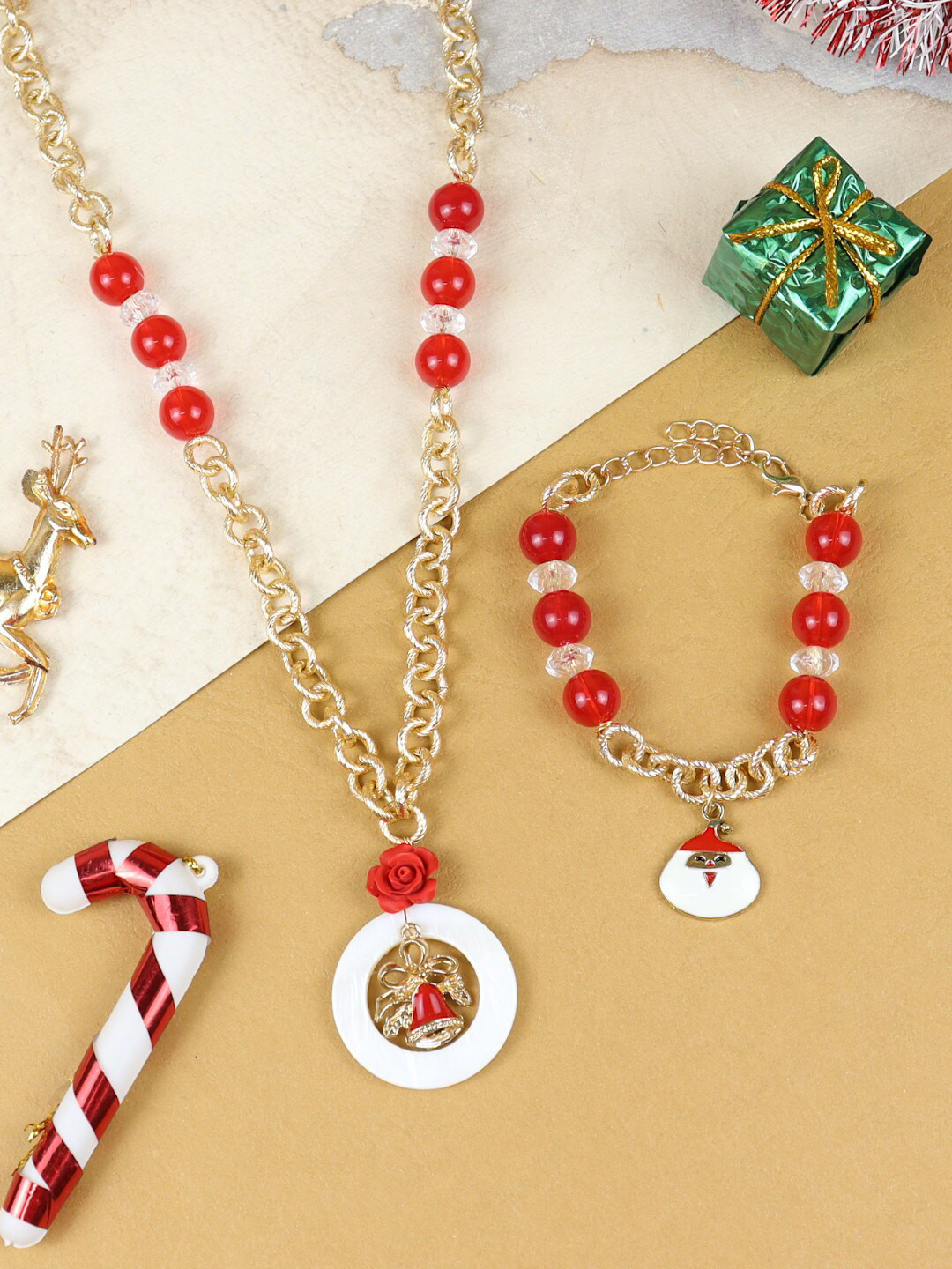 Asthetika Kids Girls Gold-Plated Beaded Santa Claus Christmas Bells Jewellery Set