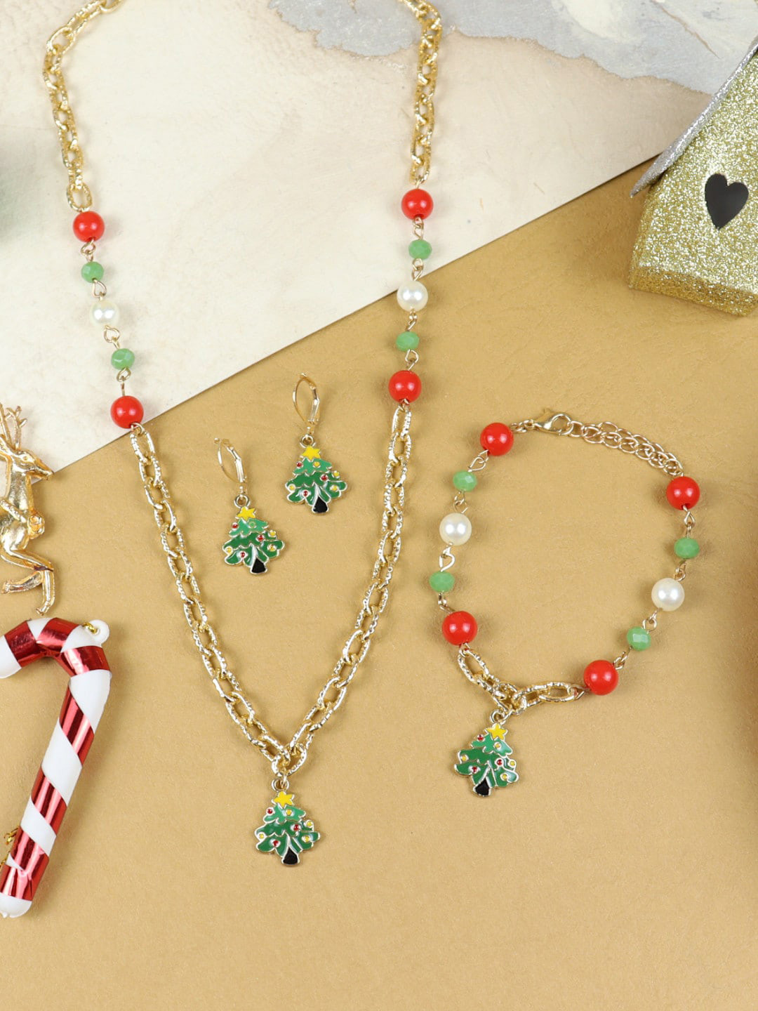 Asthetika Kids Girls Gold-Plated Beaded Christmas Tree Charm Jewellery Set