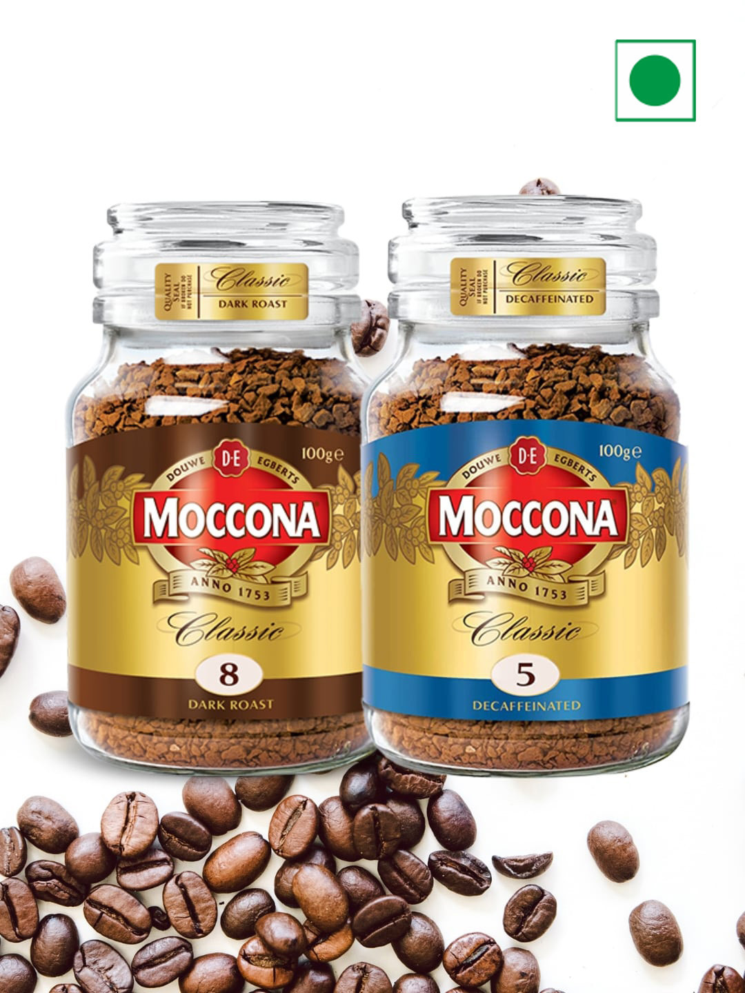 Moccona Set Of 2 Classic Dark Roast & Classic Decaffinated Instant Coffees- 100gm Each