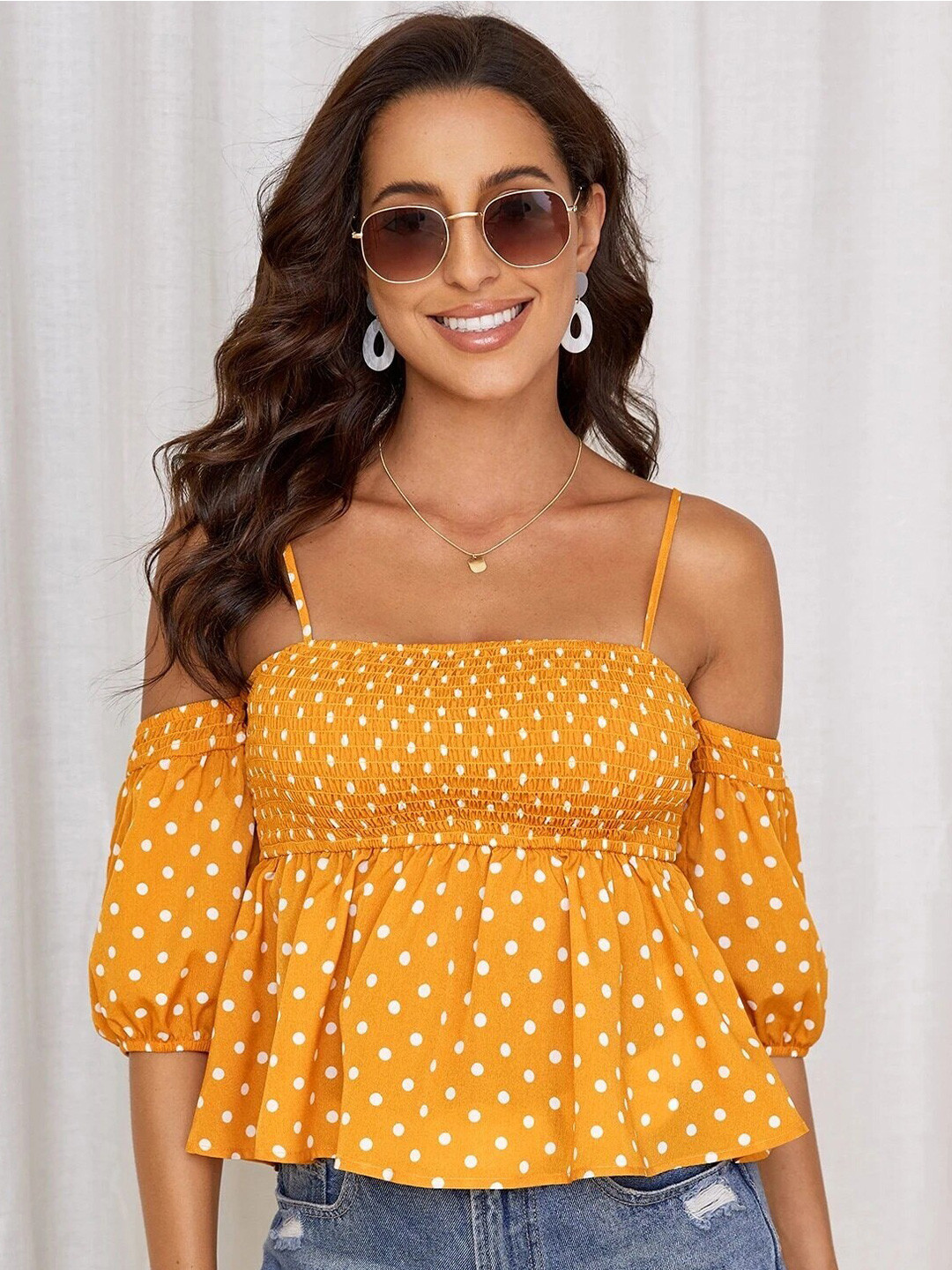 Stylecast X Slyck Mustard Polka Dots Off-Shoulder Top