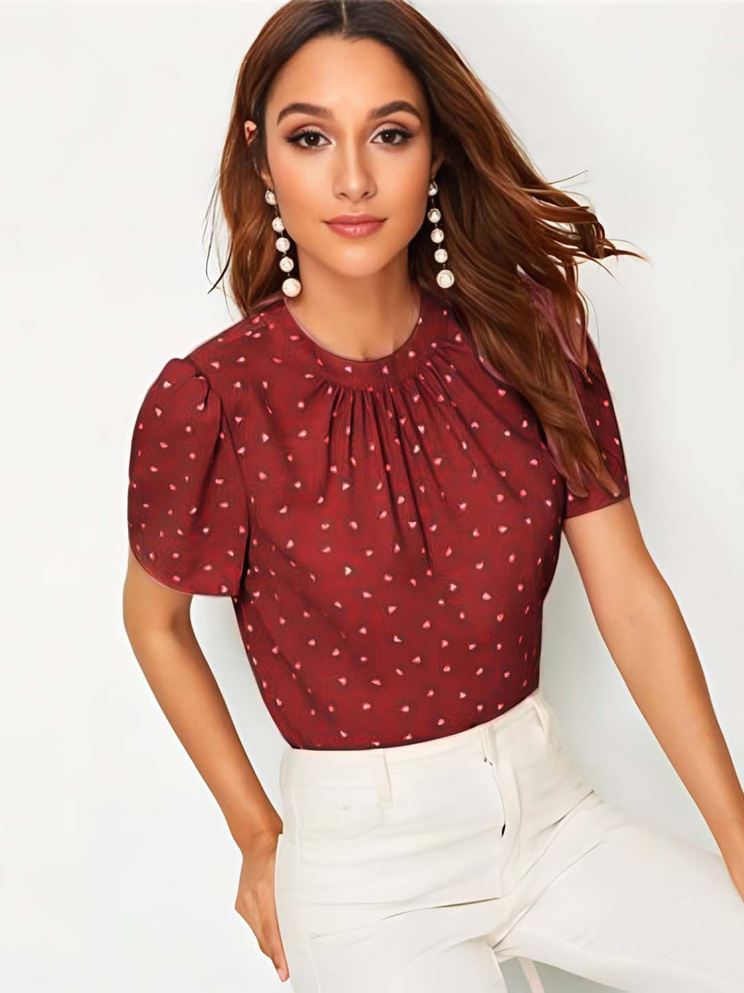 Maroon and White Graphic Puff Sleeves Top