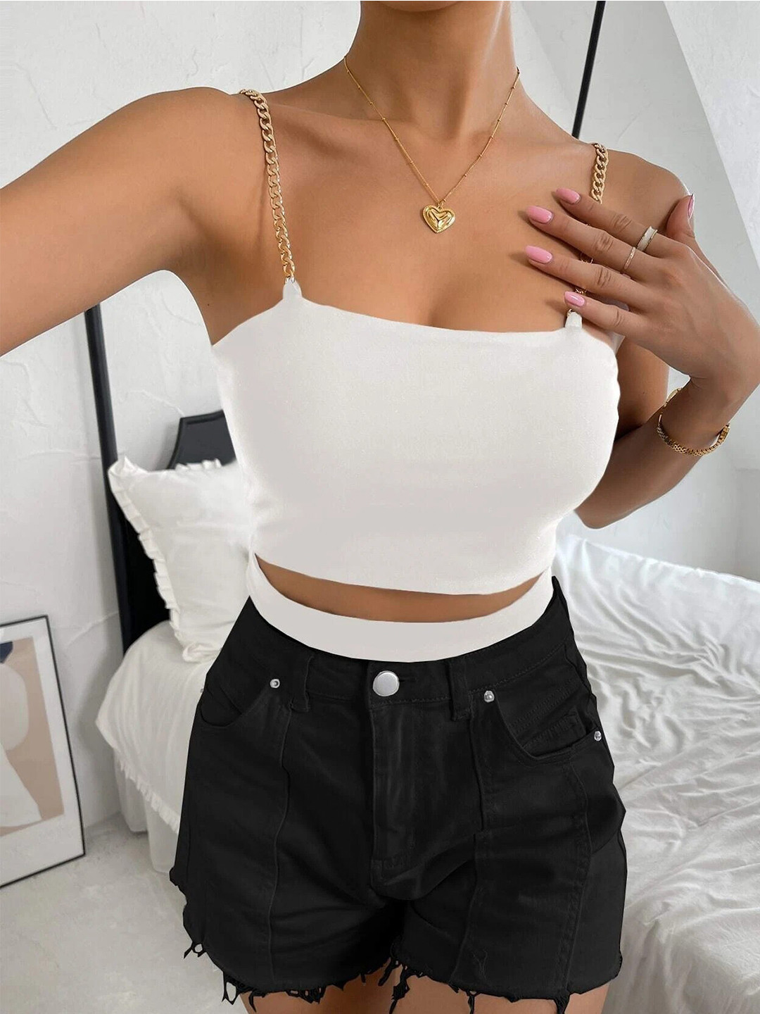 Stylecast X Slyck White Square Neck Sleeveless Cut Out Detail Fitted Crop Top