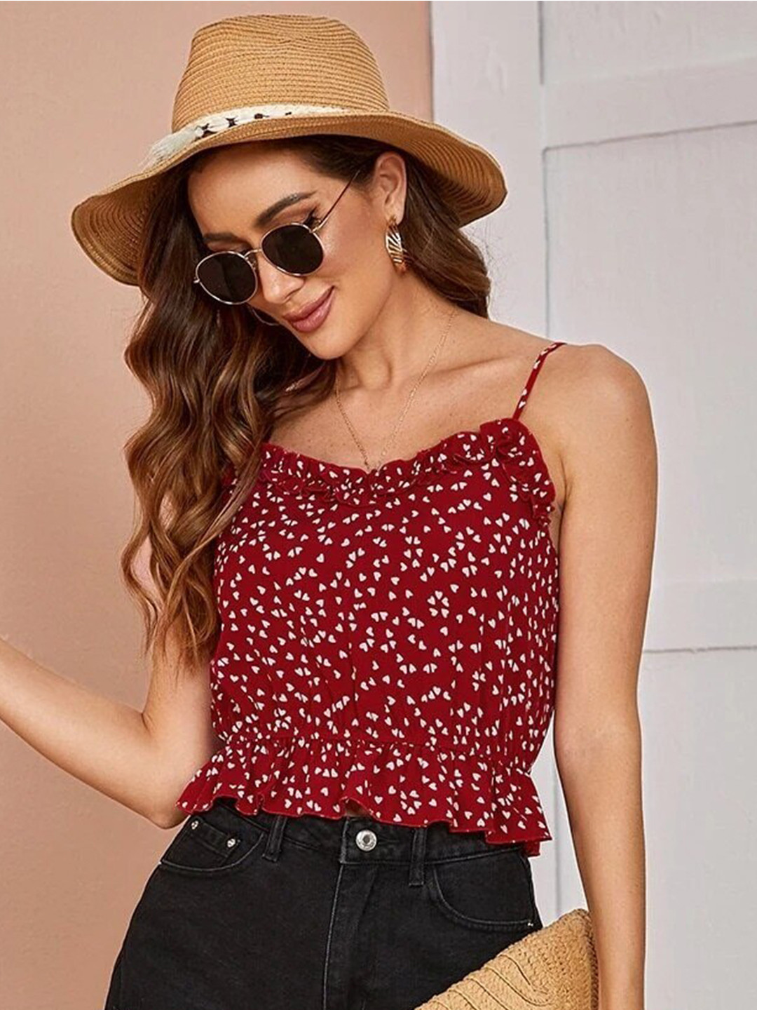 Maroon Abstract Print Sweetheart Neck Crop Top