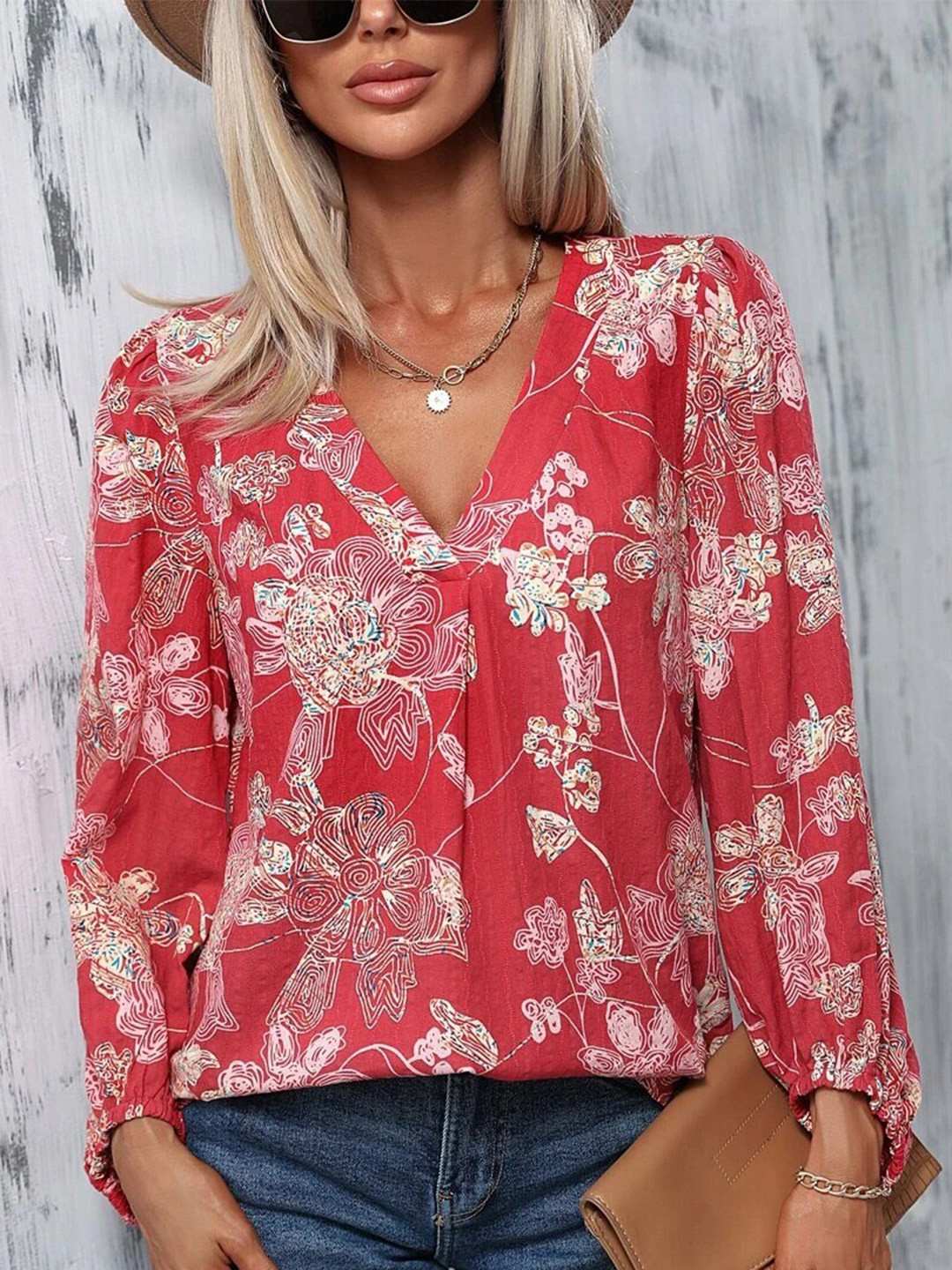 Stylecast X Slyck Red Floral Printed V-Neck Cuffed Sleeves Top