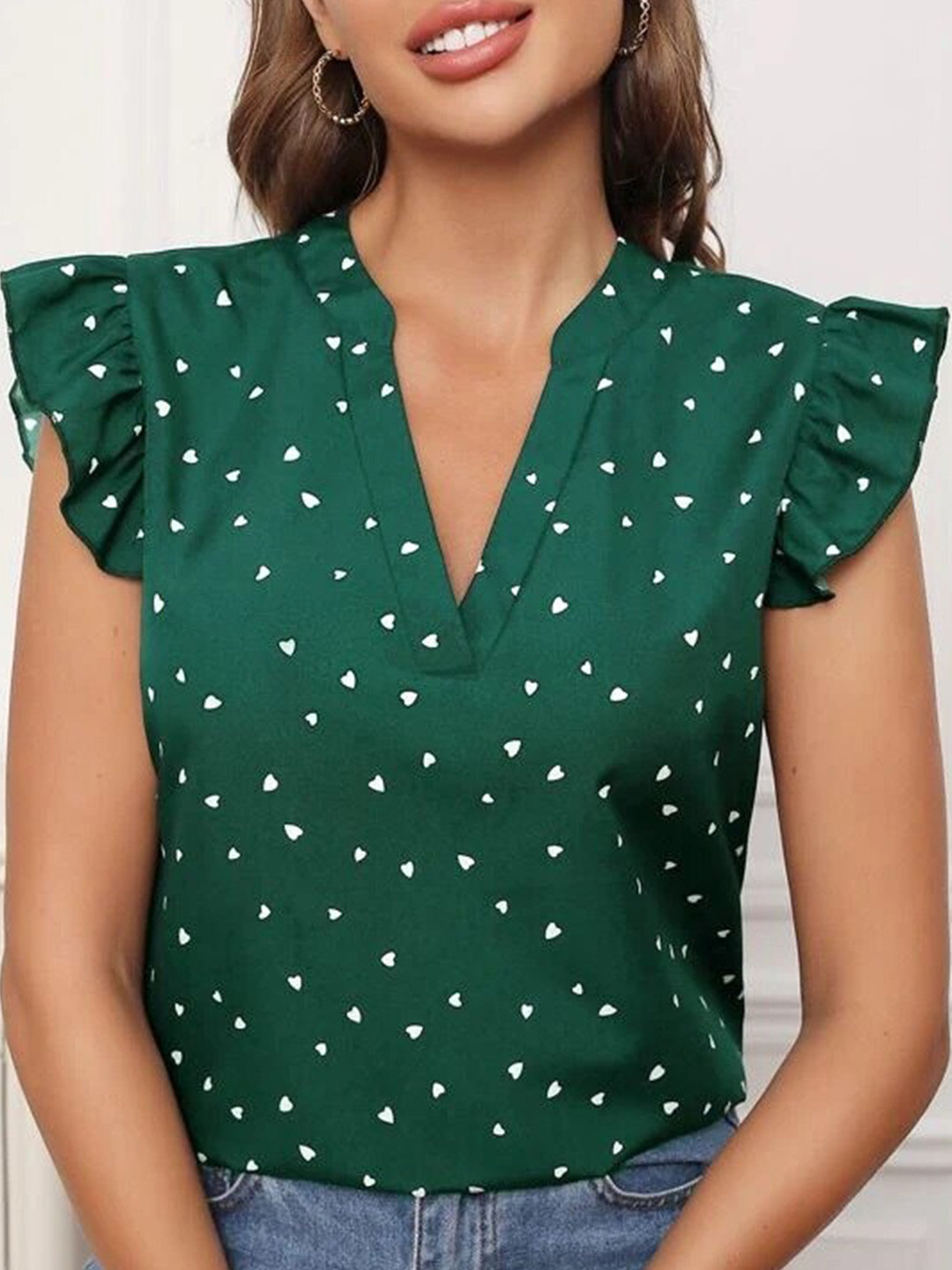 Green & White V-Neck Flutter Sleeve Ruffled Top