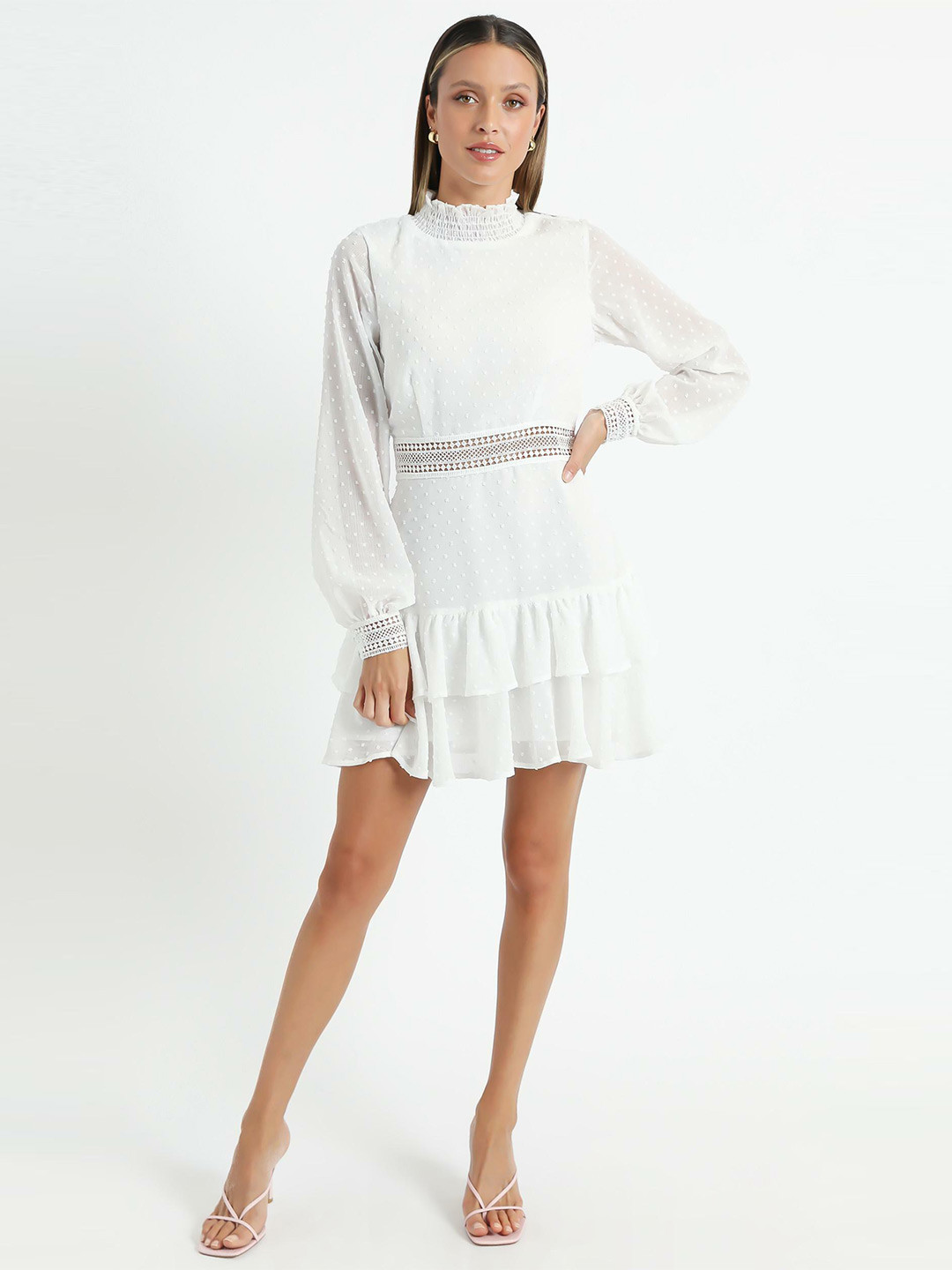 Stylecast X Slyck White Self Design High Neck Mini Party Dress
