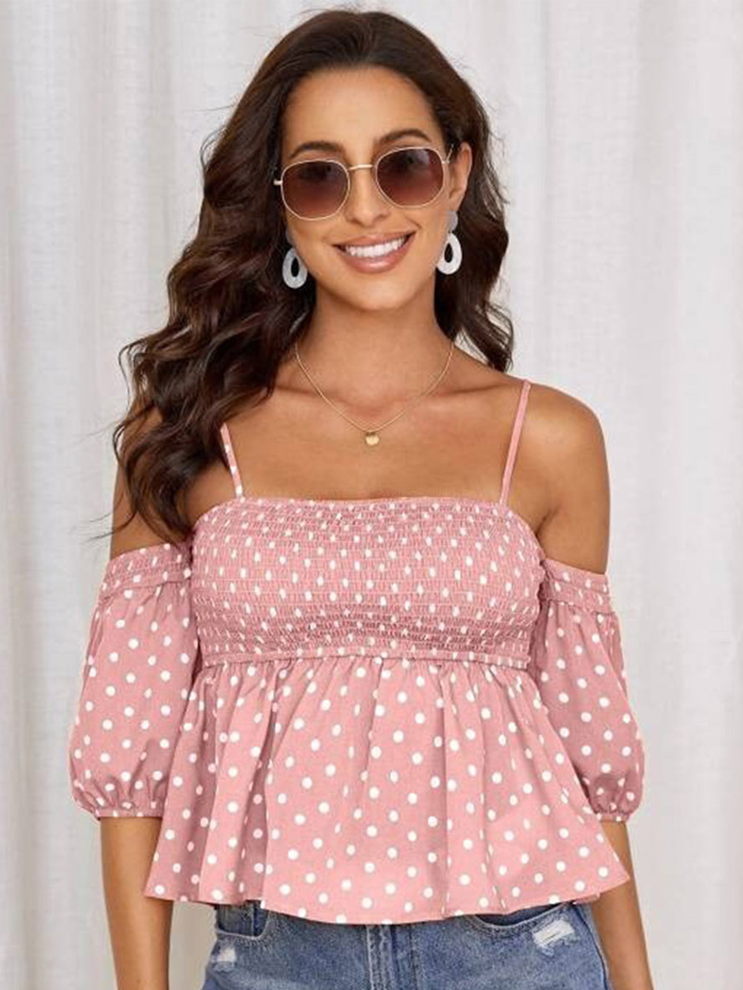 Stylecast X Slyck Polka Dot Printed Off-Shoulder Cold-Shoulder Gathered Regular Crop Top