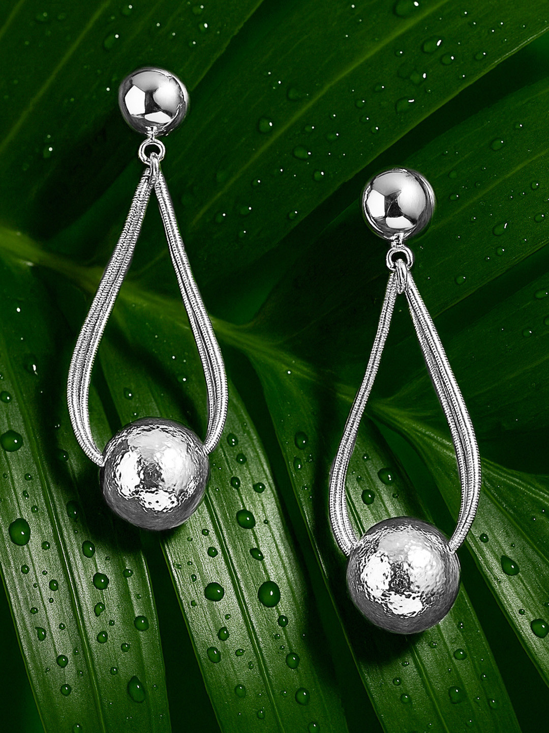 Rubans Silver-Plated Textured Ball & Multi-Strand Wire Sculptural Drop Earrings