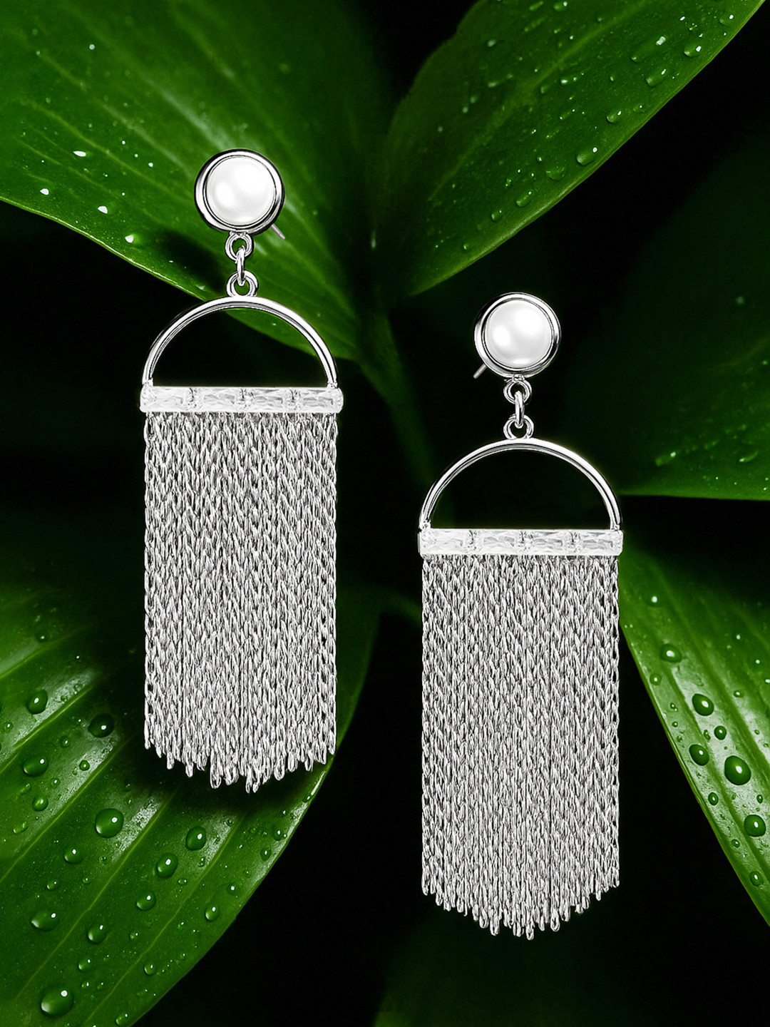 Rubans Silver-Plated Pearl Studded Fringe Chain Long Drop Earrings