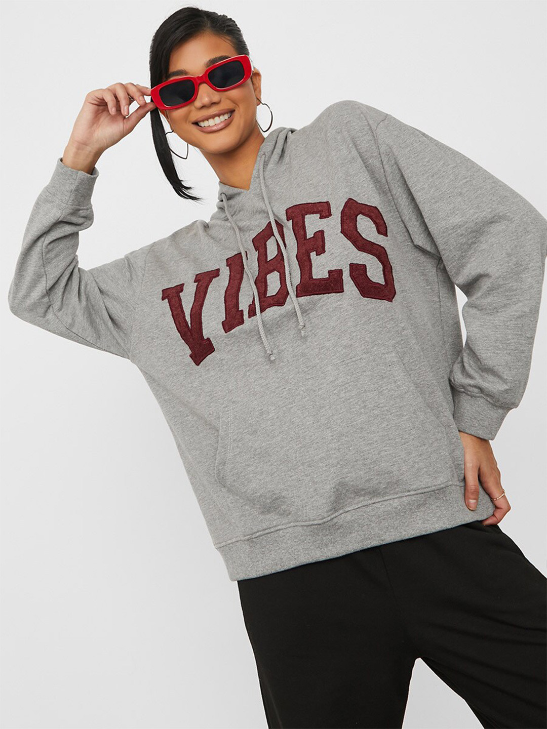 Styli Grey Typography Printed Hooded Long Sleeves Cotton Pullover Sweatshirt