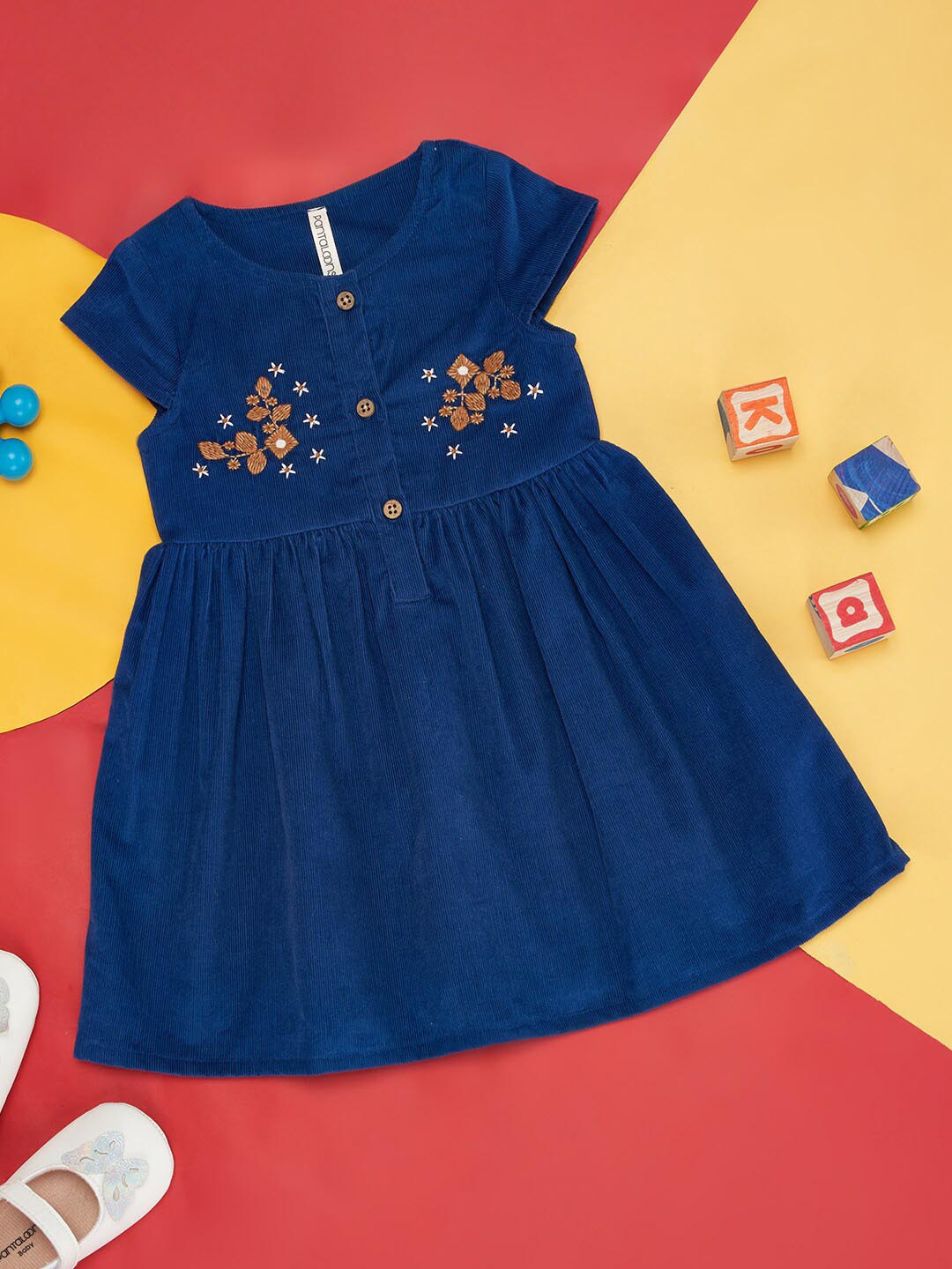 Pantaloons Baby Girls Floral Embroidered Cap Sleeves Gathered Cotton Fit and Flare Dress