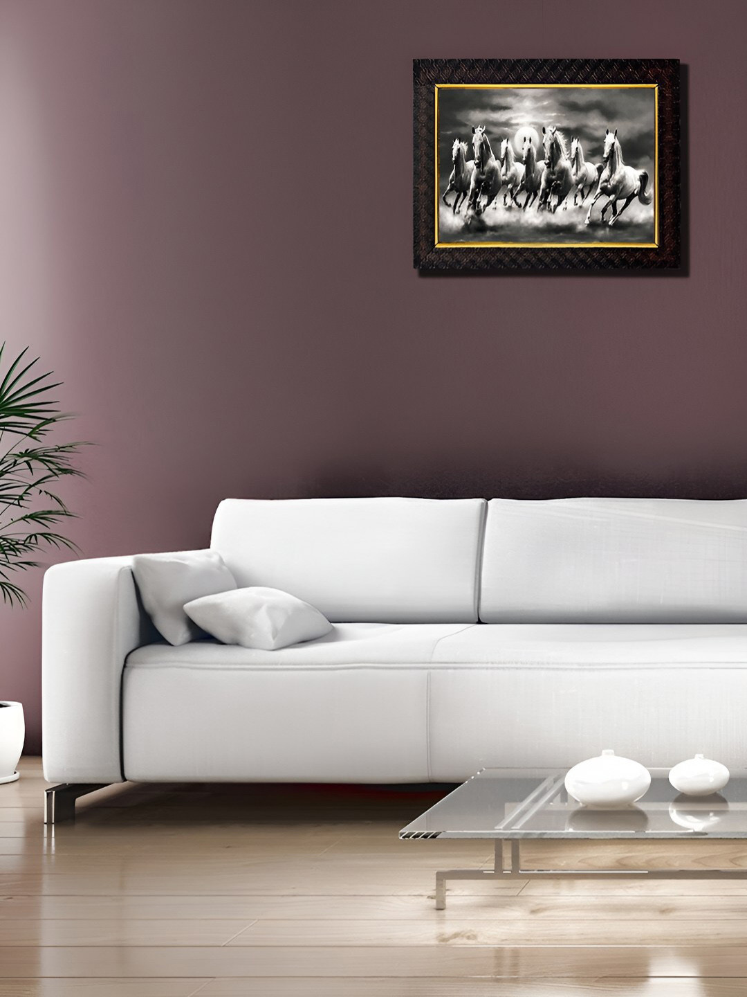 Hawai Black & Gold Toned Running Horses Digital Printed Rectangle Wall Photo Frame