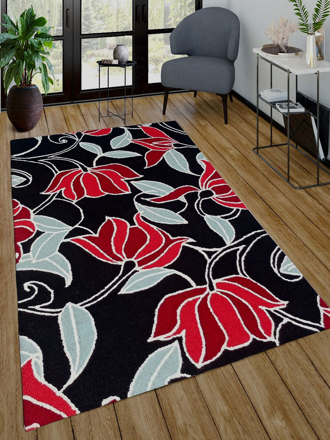 MRIC Black & Red Floral Hand-Tufted Rectangular Woollen Carpet