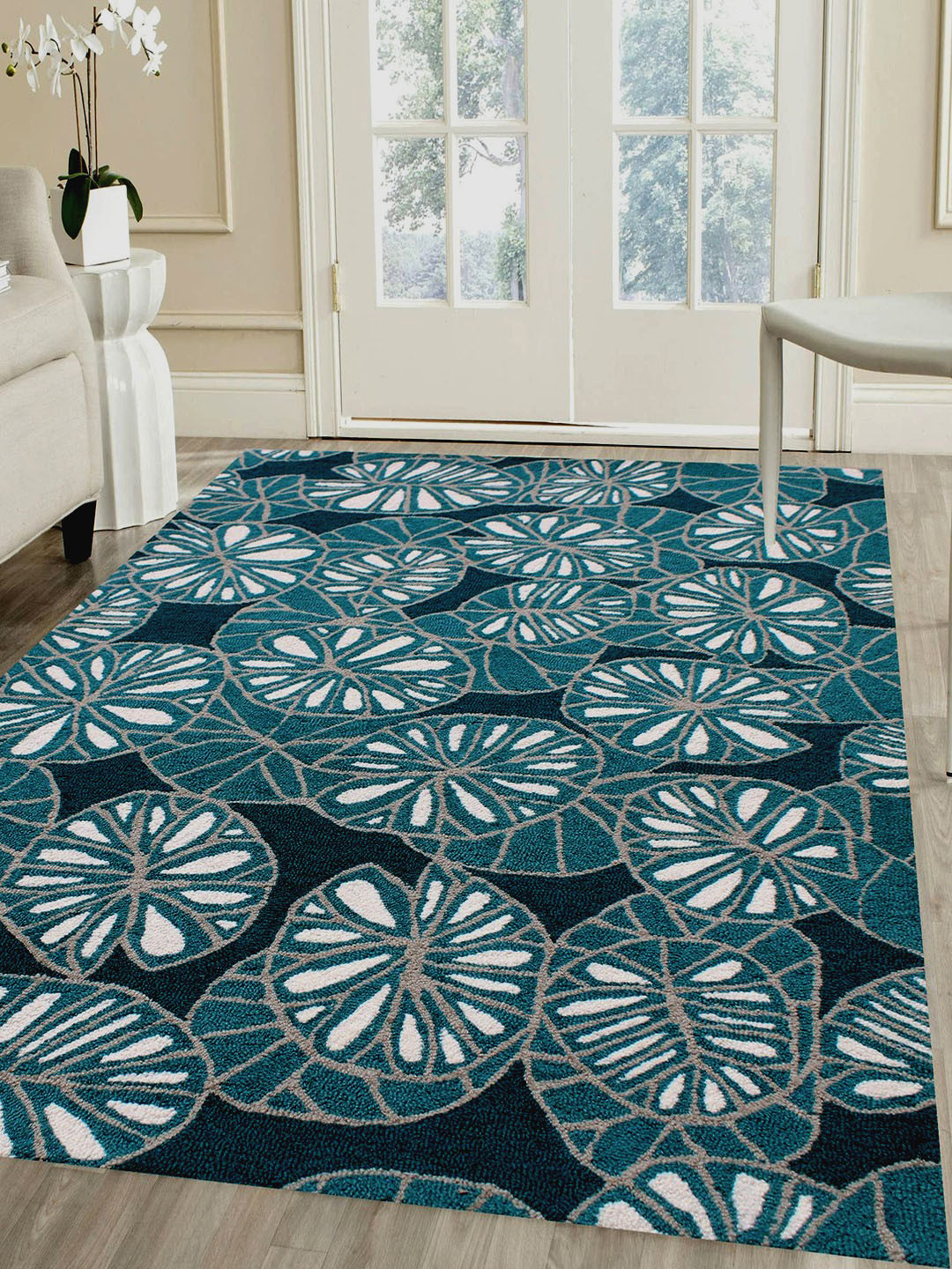 MRIC Green & White Floral Hand-Tufted Rectangular Woollen Carpet