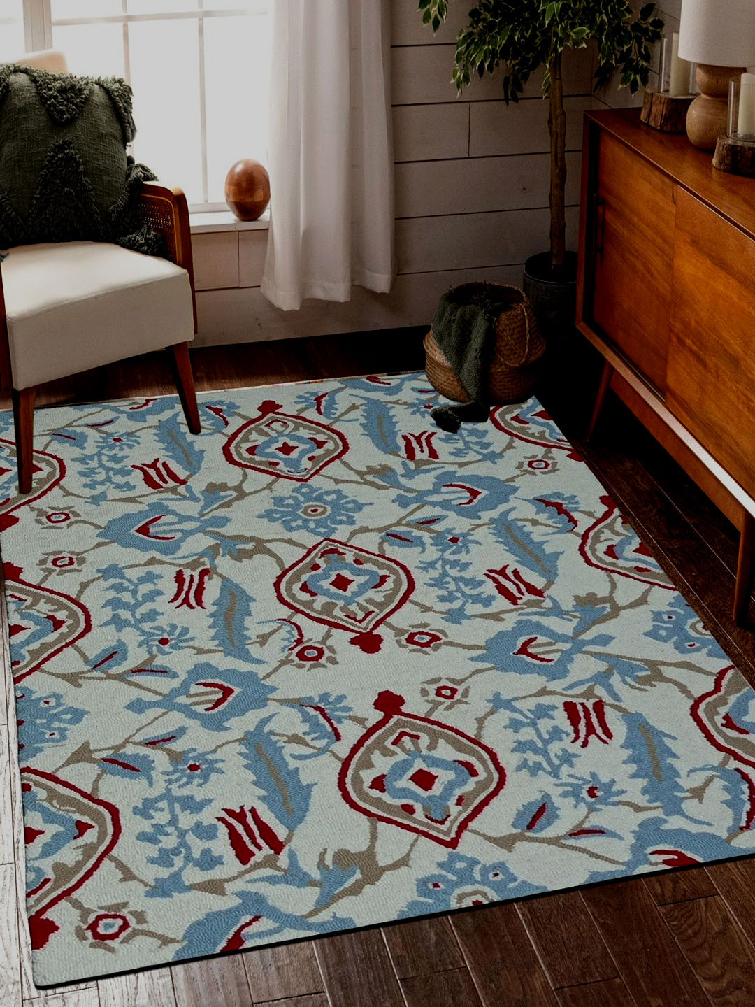 MRIC White & Red Floral Hand-Tufted Rectangular Woollen Carpet