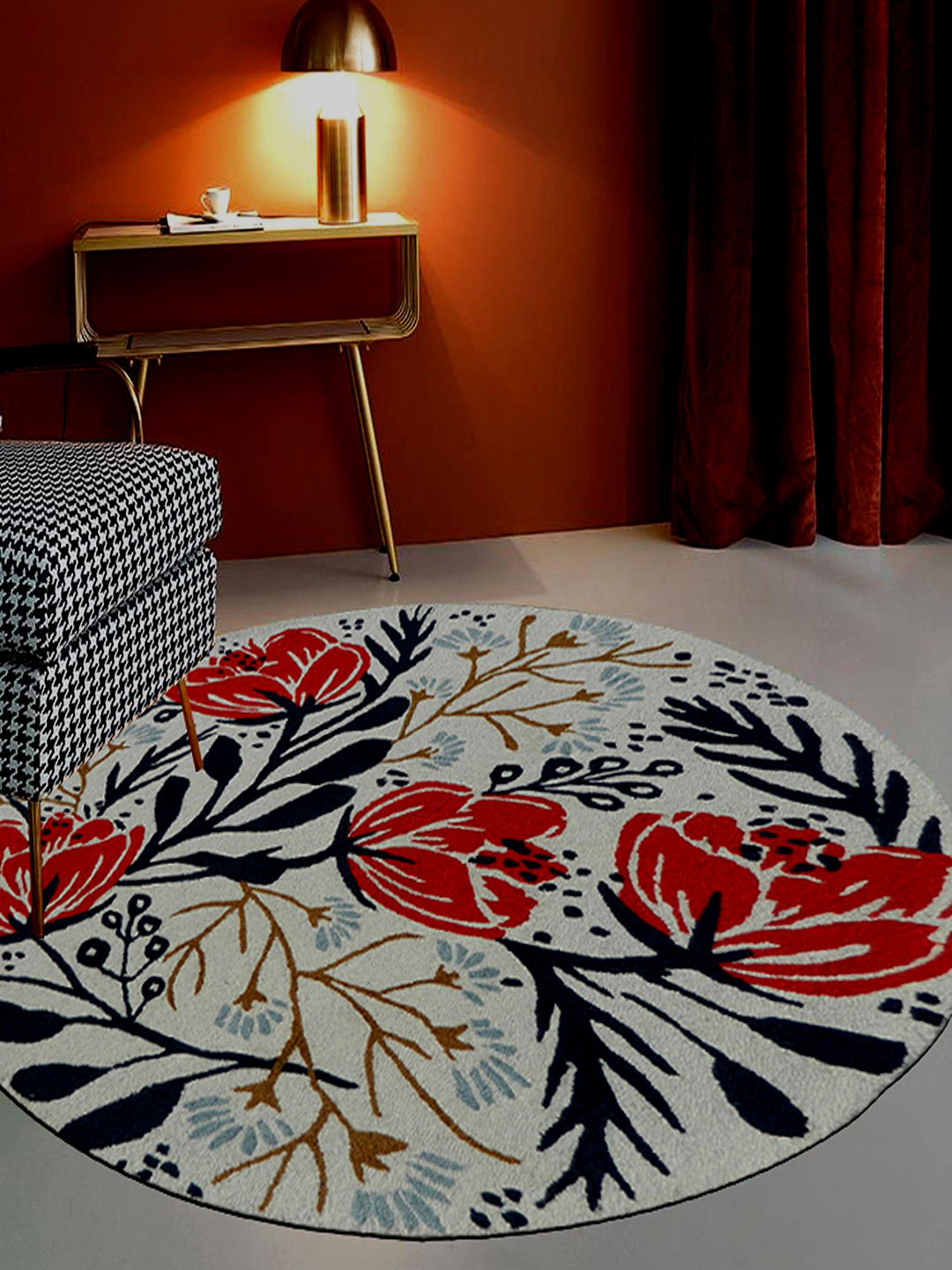 MRIC Beige & Black Floral Hand-Tufted Circular Woollen Carpet