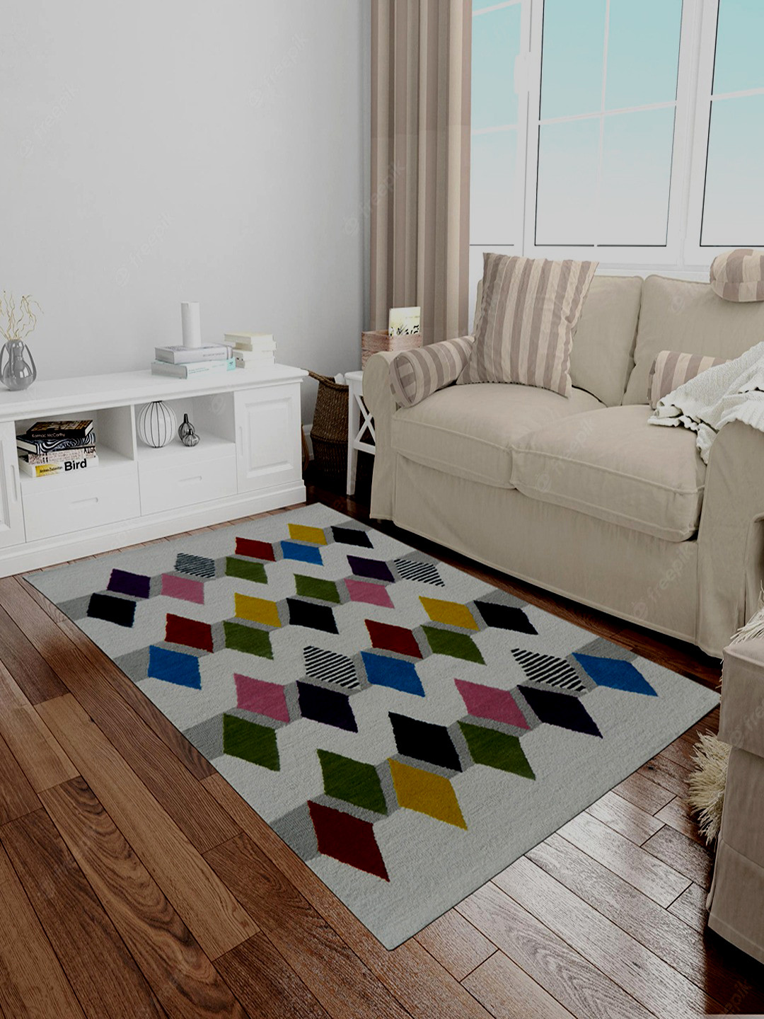 MRIC White Geometric Hand-Tufted Rectangular Woollen Carpet