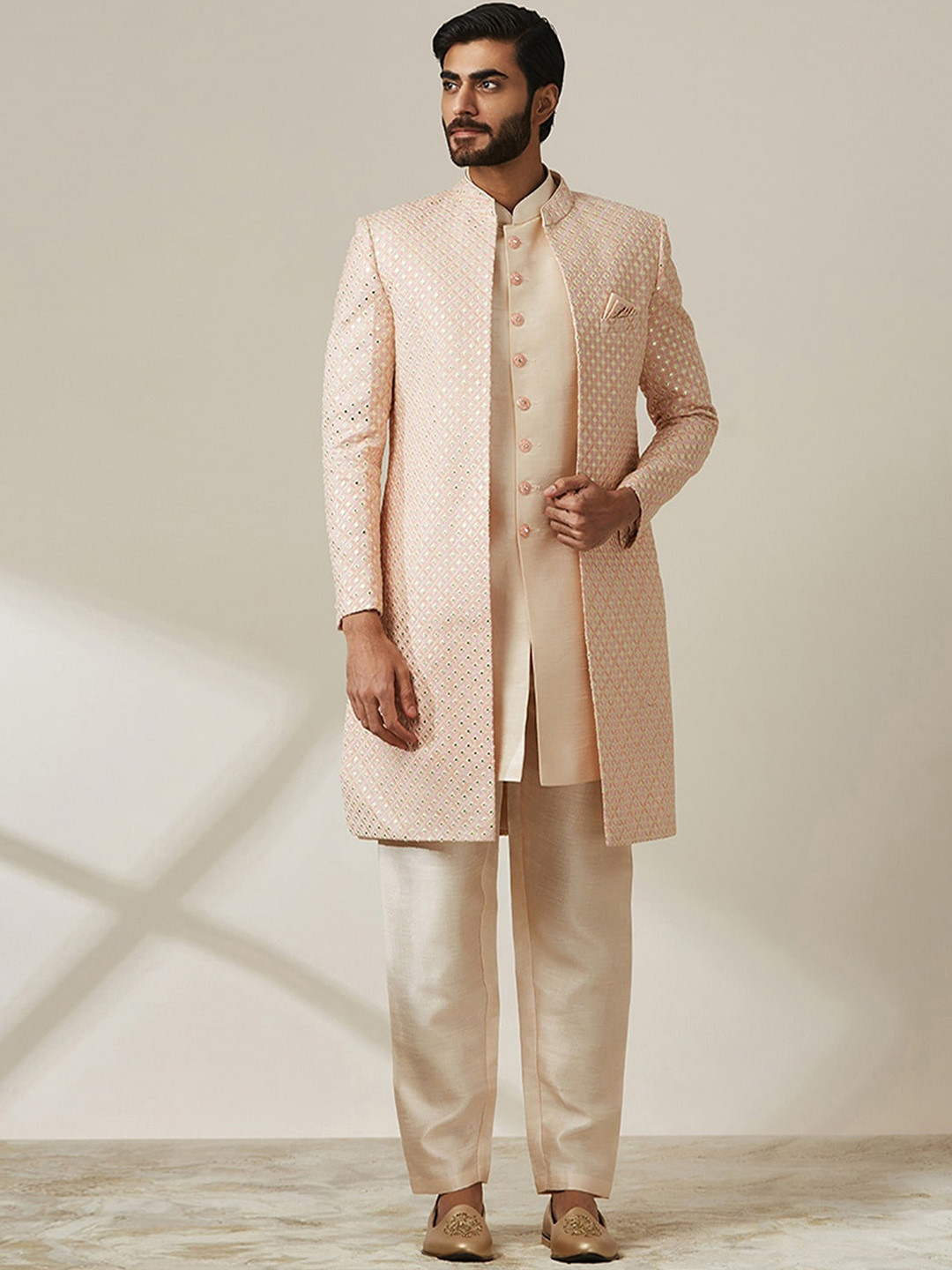 Twamev Embroidered Mirror Work Art Silk Sherwani Set