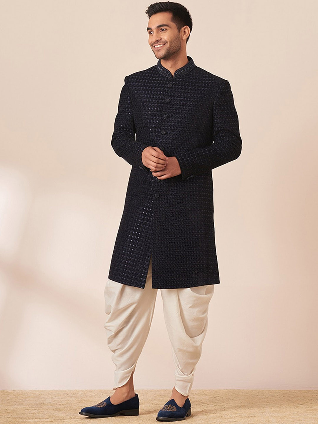 Twamev Embroidered Mandarin Collar Velvet Sherwani With Dhoti Pants