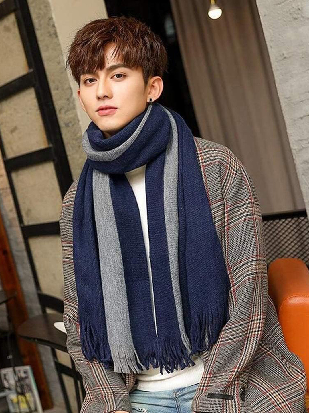 Alexvyan Women Blue & Grey Line Woolen Acrylic Soft Winter Muffler