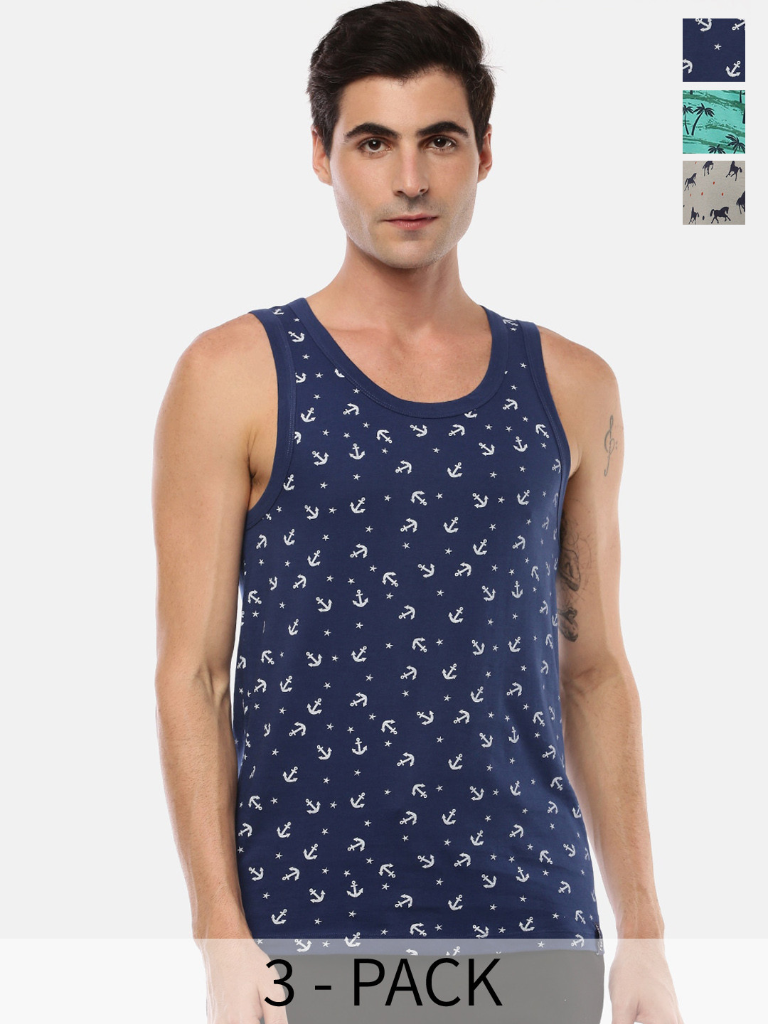 Force NXT Pack Of 3 Printed Pure Cotton Tank Vests Vests MNAL-433-PO3-NVY