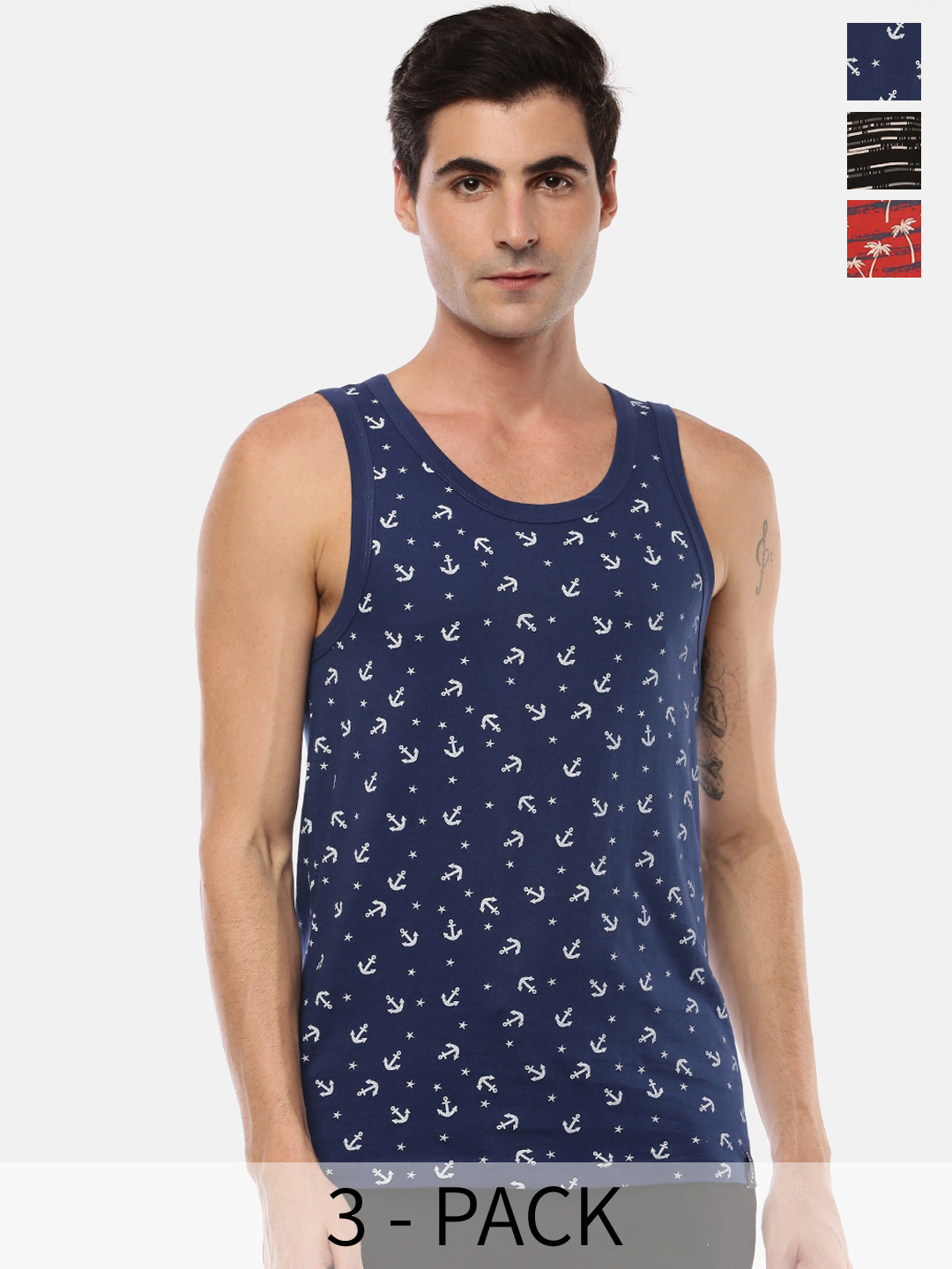 Force NXT Pack Of 3 Printed Pure Cotton Tank Vests MNAL-433-PO3-NVY-BLK-STSG