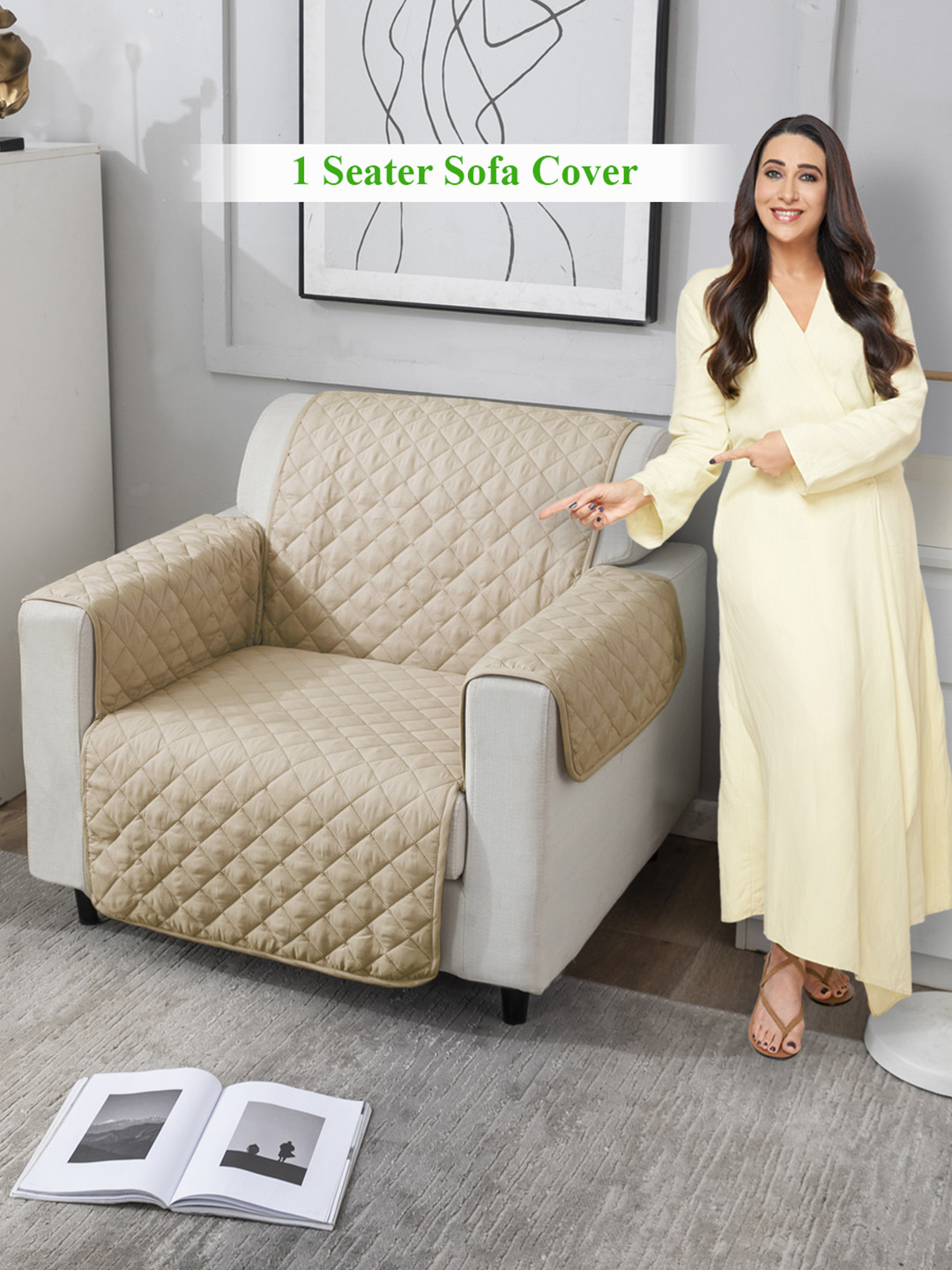 HOKIPO Beige 100 GSM Quilted 1 Seater Sofa Cover