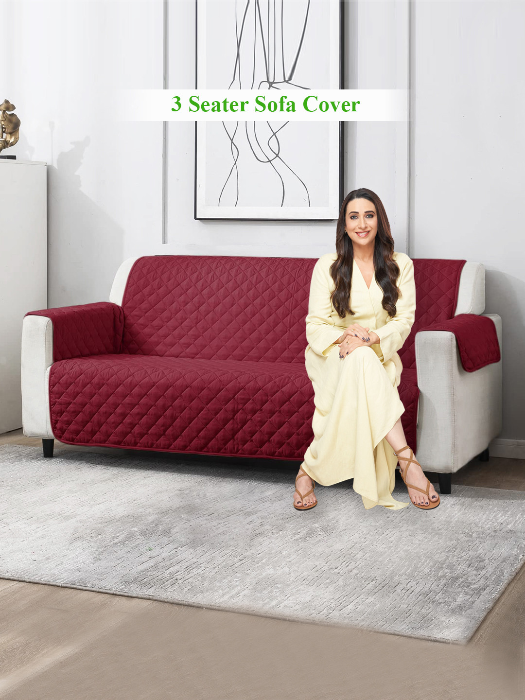HOKIPO Maroon Quilted 3-seater Sofa Cover
