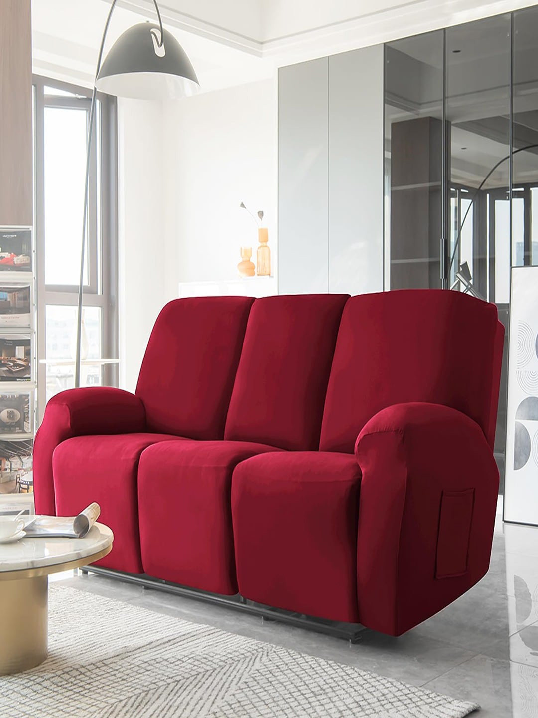 HOKIPO Burgundy Stretchable 3-Seater Recliner Sofa Cover