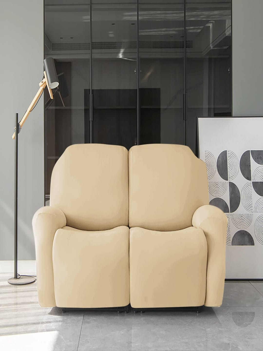 HOKIPO Beige Stretchable 2-Seater Recliner Sofa Covers