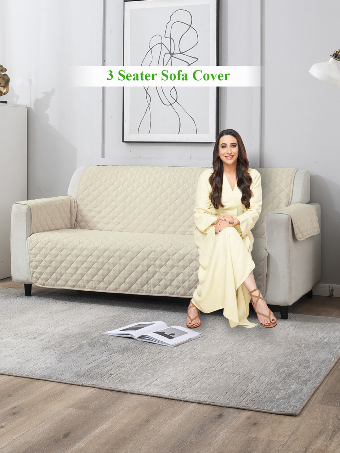 HOKIPO Cream-Coloured 3 Seater Quilted Sofa Cover Mat With Arms