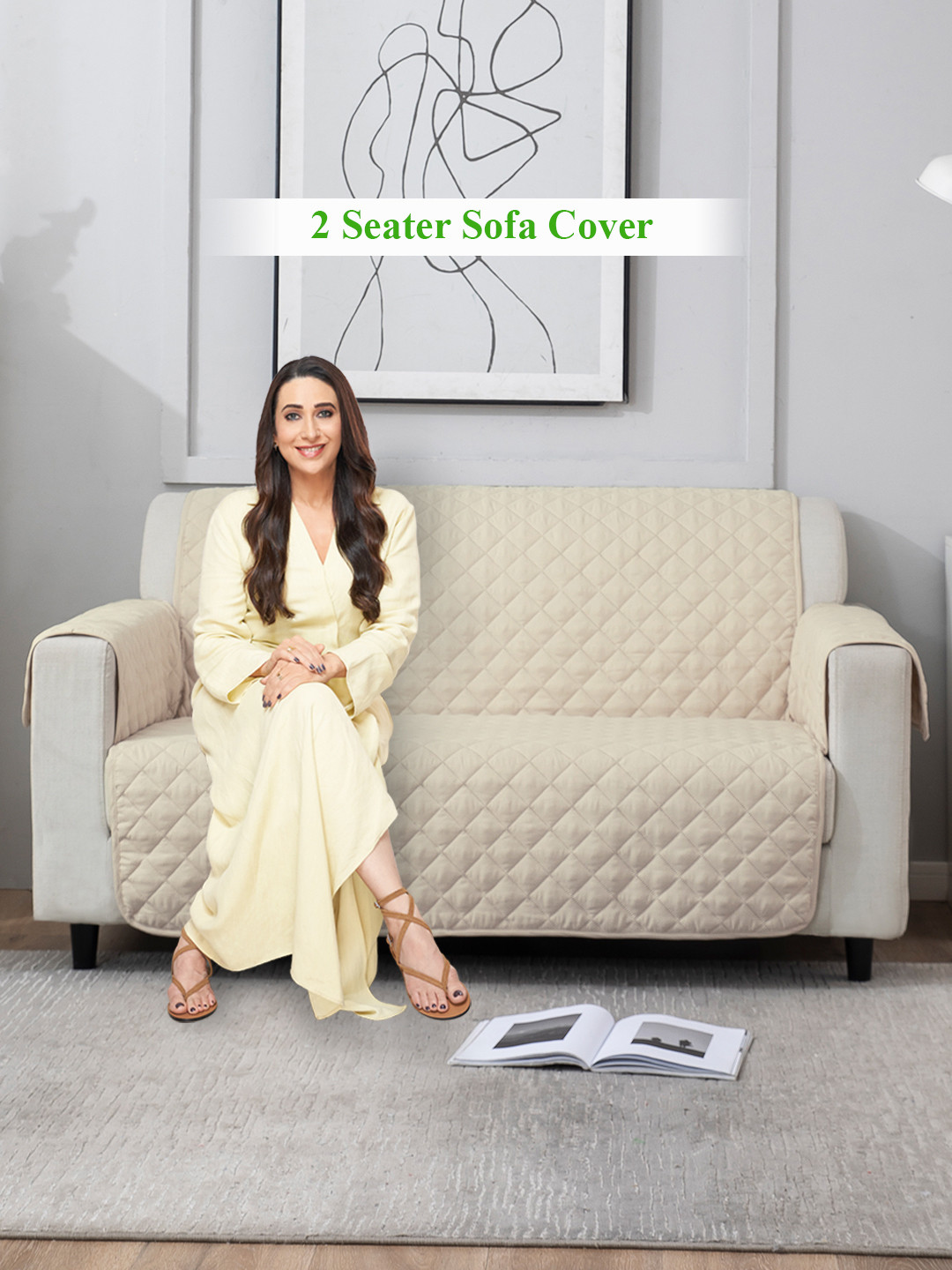 HOKIPO Cream Colored Quilted 2-Seater Sofa Cover