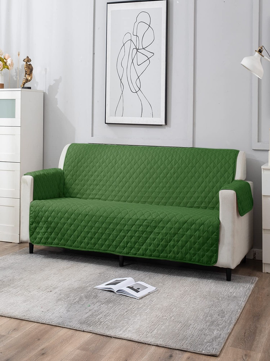 HOKIPO Green Quilted 4 Seater Sofa Cover