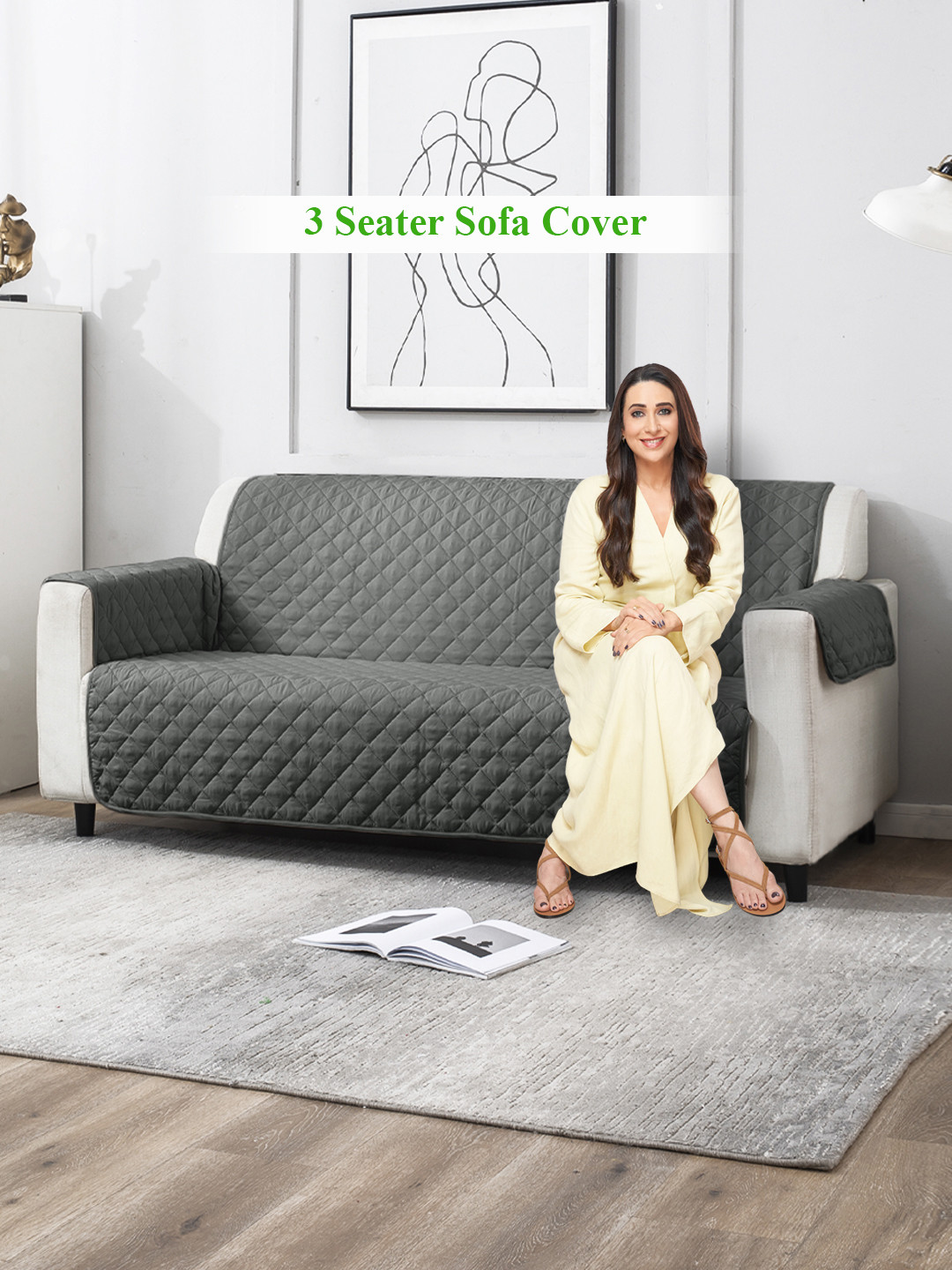 HOKIPO Grey Polyester Quilted 3 Seater Sofa Cover