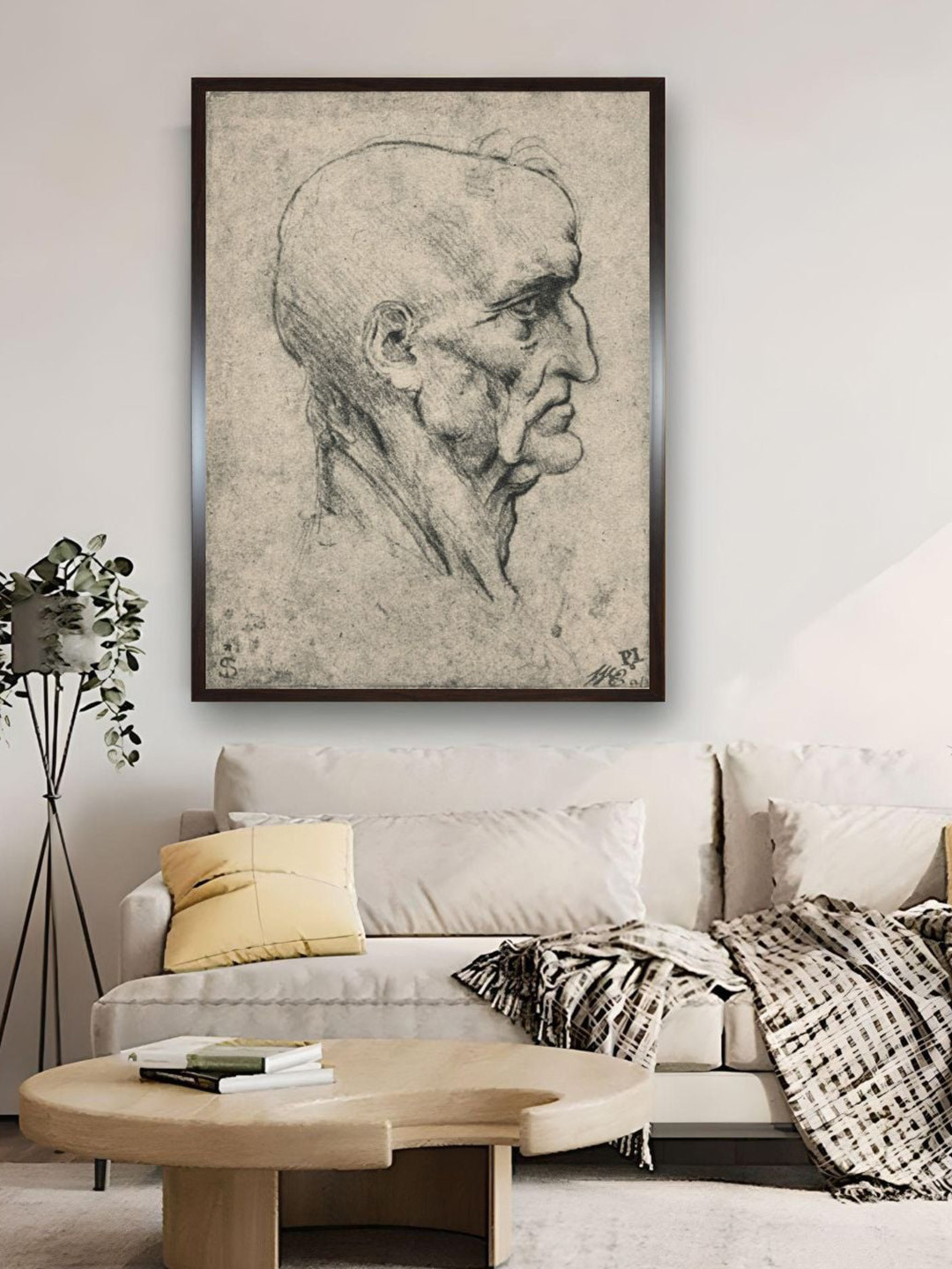 The Art House Beige & Black Abstract Wooden Elderly Bald Man Painting Wall Art With Frame