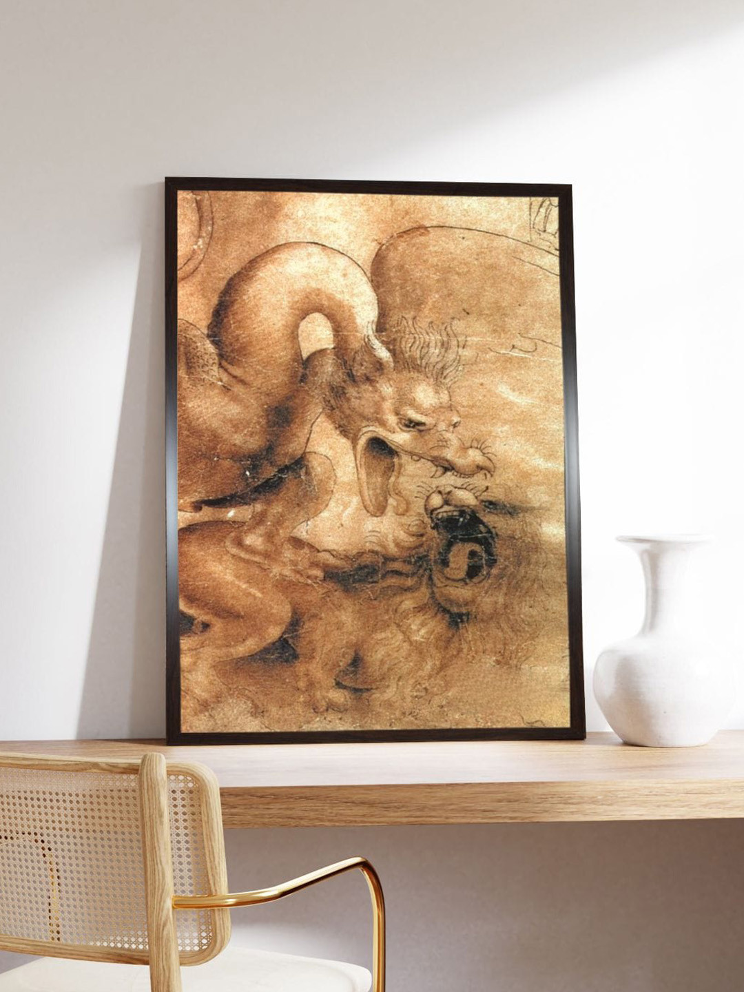 The Art House Beige Brown Fight Between a Dragon & A Lion Painting Wall Art