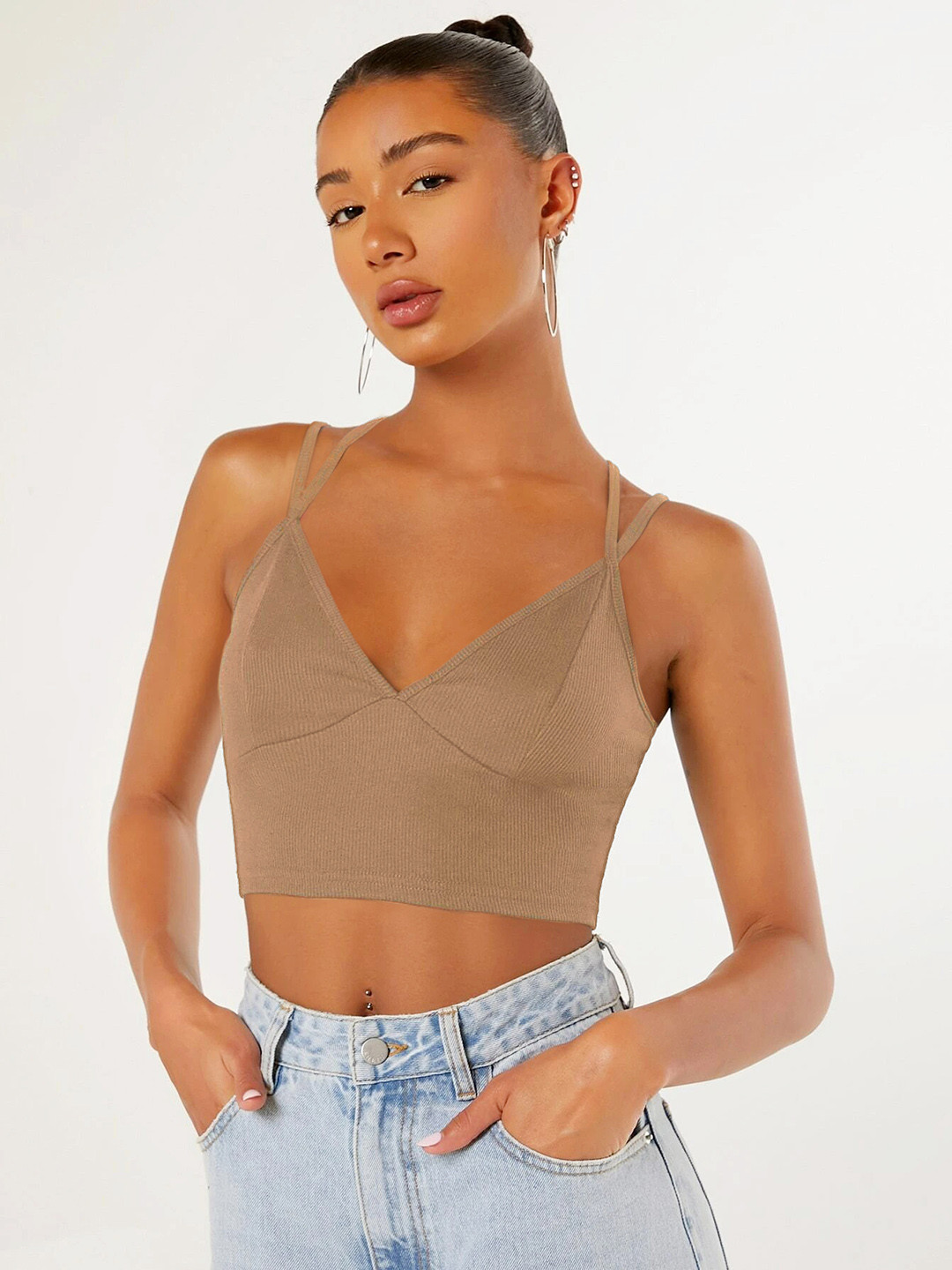 Stylecast X Slyck Beige V-Neck Crop Top