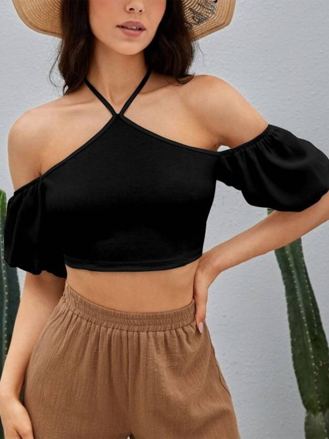 Stylecast X Slyck Black Halter Neck Cold-Shoulder Crop Fitted Top