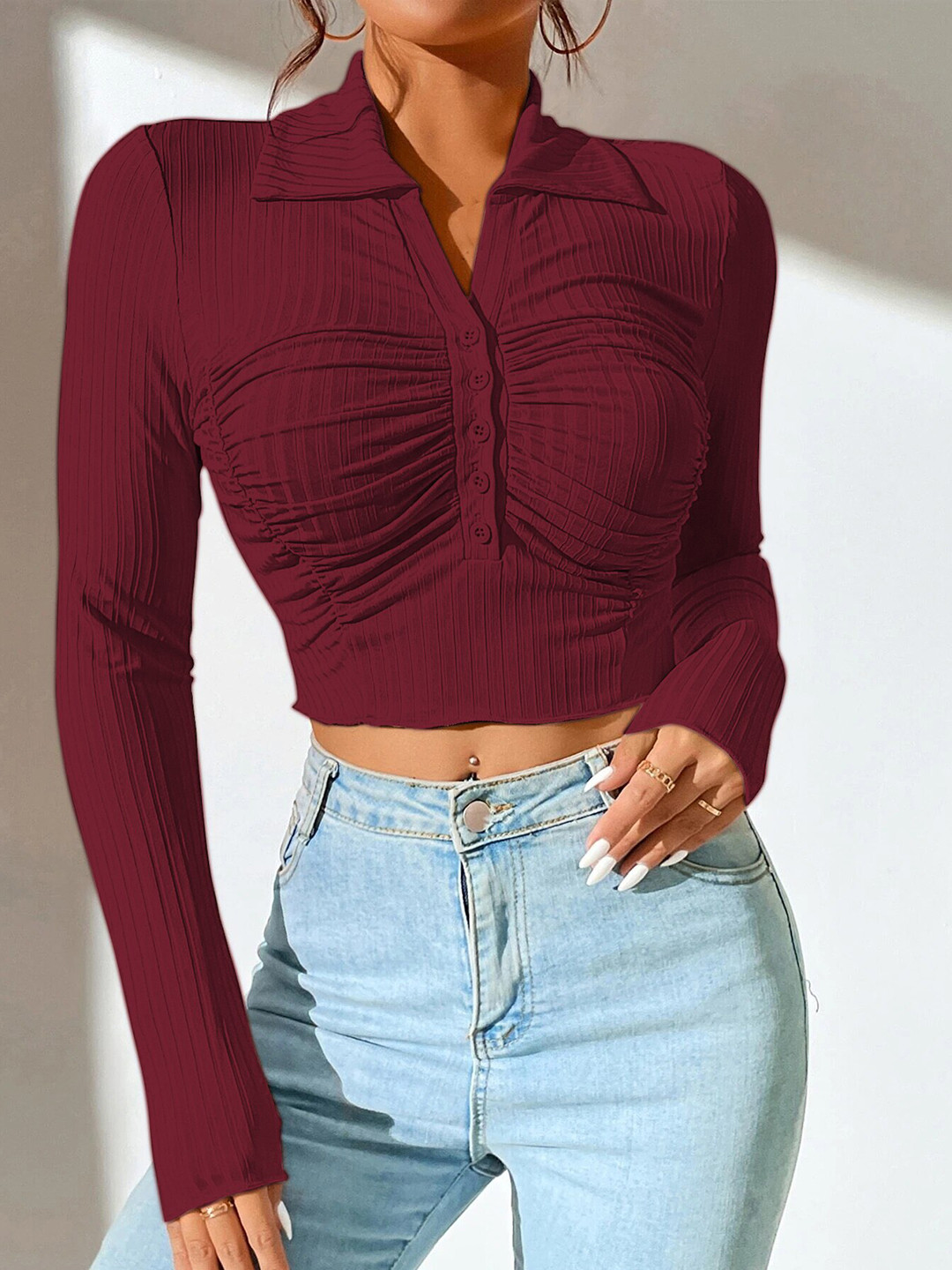 Stylecast X Slyck Maroon Striped Shirt Style Crop Top