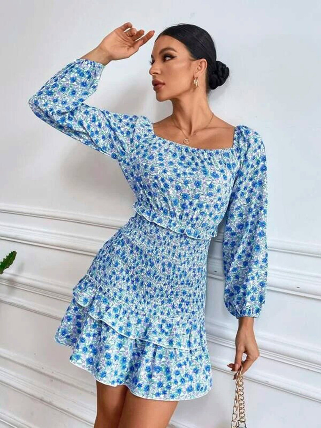 Stylecast X Slyck Floral Printed Square Neck Smocked Sheath Dress