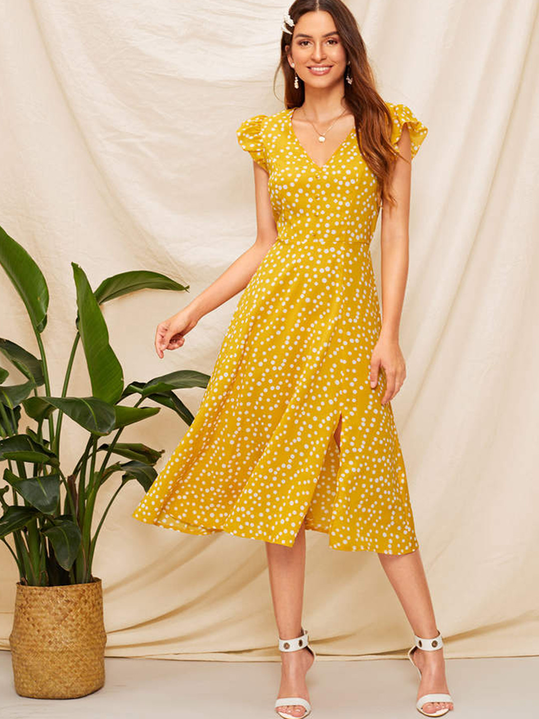 Mustard Polka Dot Flutter Sleeve A-Line Knee Length Dress