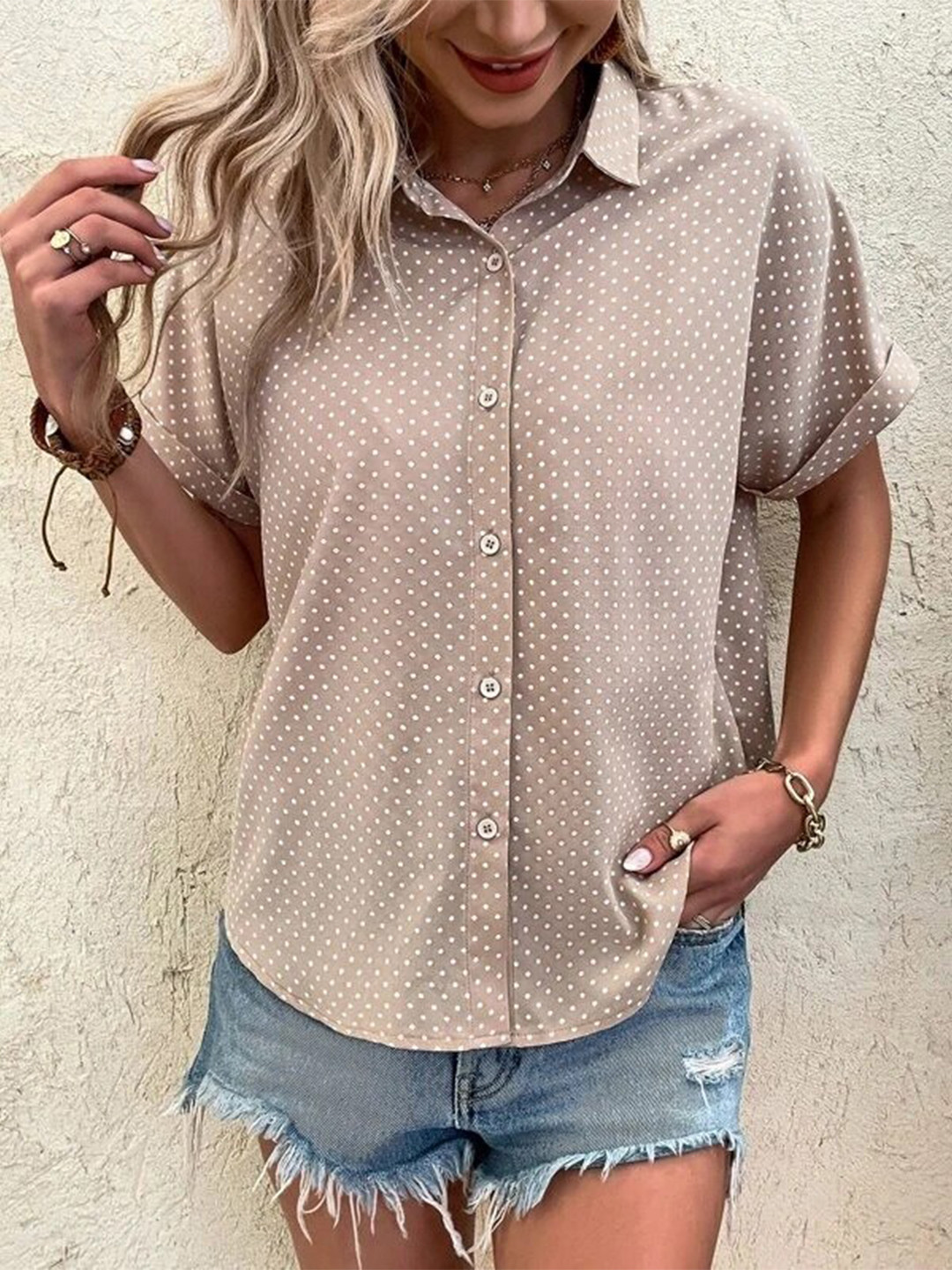 Stylecast X Slyck Polka Dot Printed Extended Sleeves Casual Regular Fit Shirt