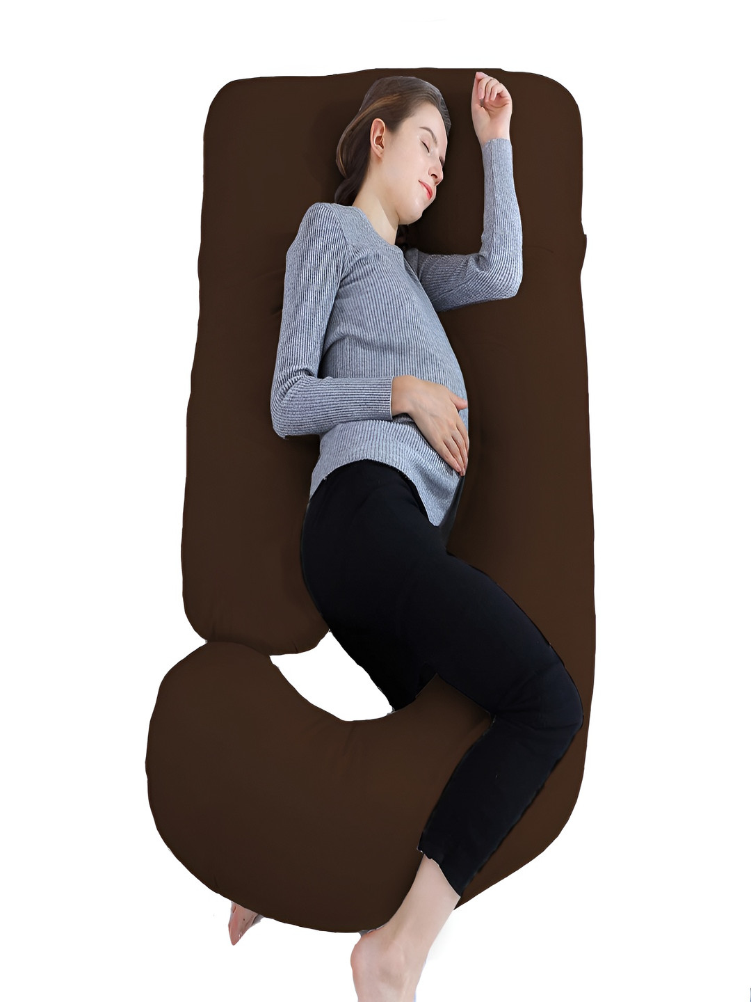 Mom's Moon Brown Solid Cotton Lightweight Firm Fibre Maternity Pillow-17.78 x 76.2 x 147.32 cm
