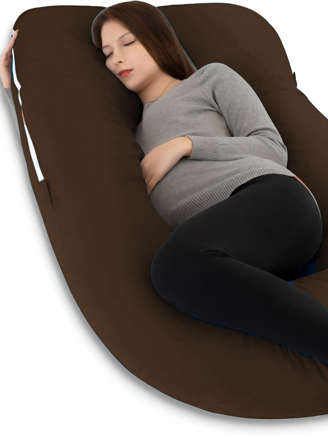 Mom's Moon Brown Solid Cotton Lightweight Firm Fibre Maternity Pillow-190 x 50 x 350 cm