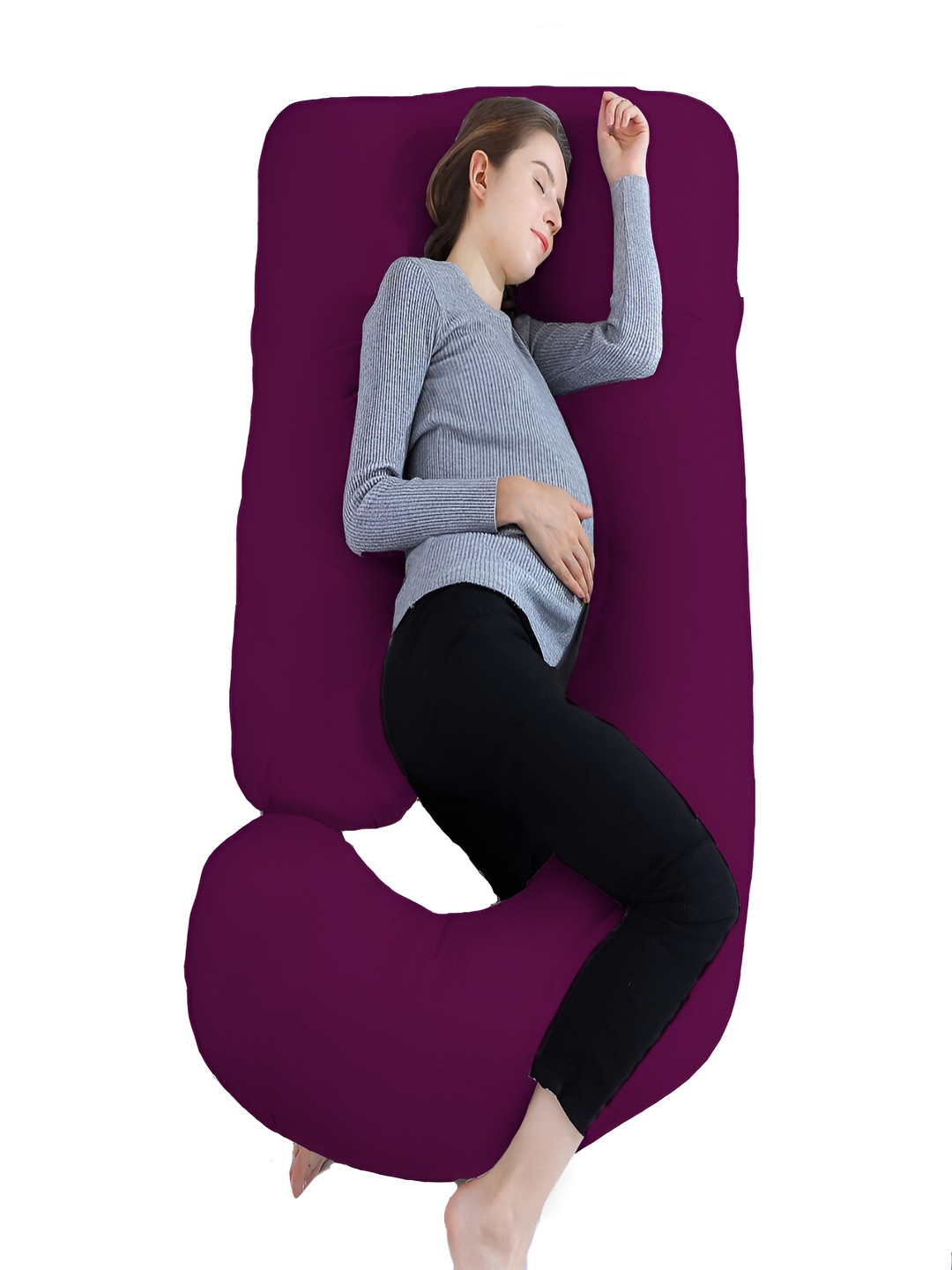 Mom's Moon Burgundy Solid Cotton Lightweight Firm Fibre Maternity Pillow-25.4 x 76.2 x 144.8 cm