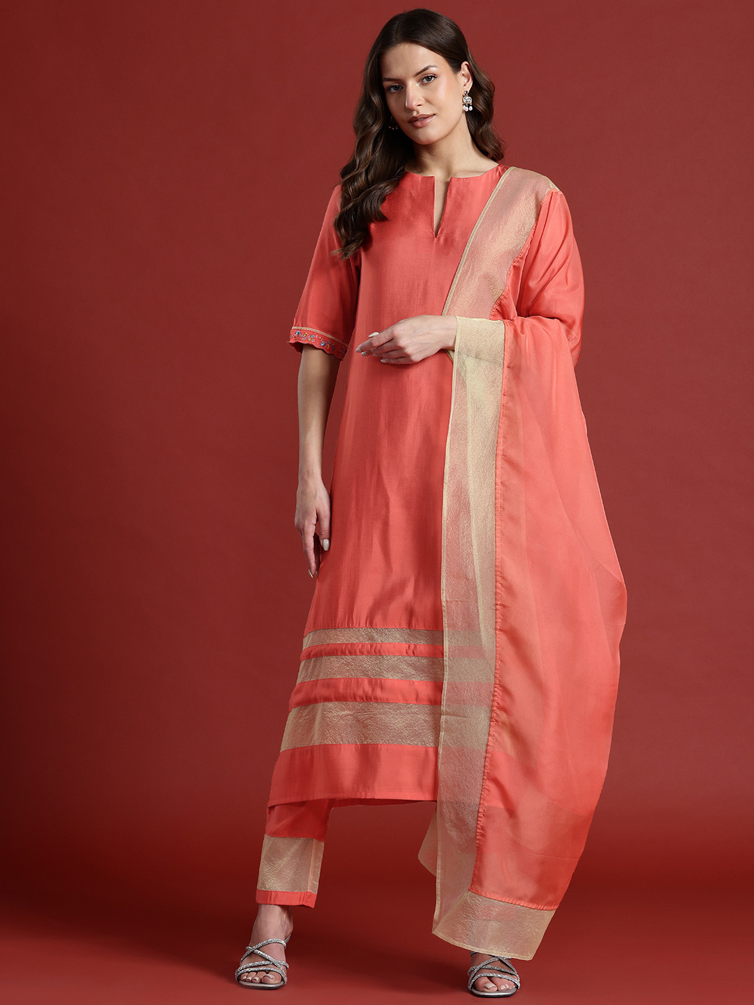 all about you Thread Work Kurta with Trousers & Dupatta
